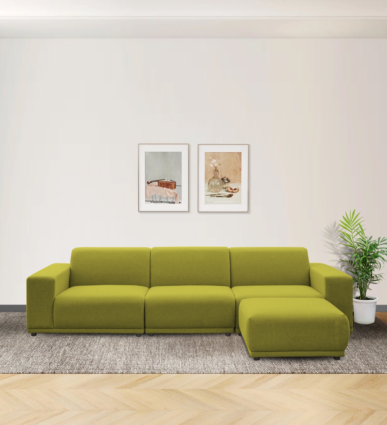 Adam Fabric RHS Sectional Sofa (3+Ottoman Lounger) In Parrot Green Colour - Febonic Living