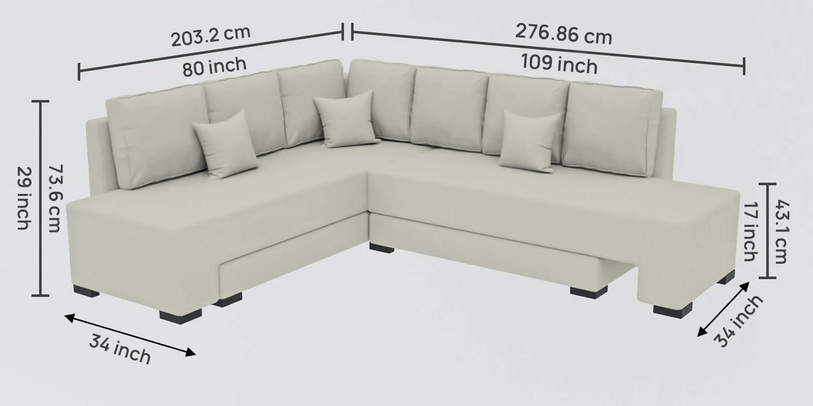 Corby Velvet RHS 6 Seater Convertible Sofa Cum Bed In Bone Grey Colour - Febonic Living