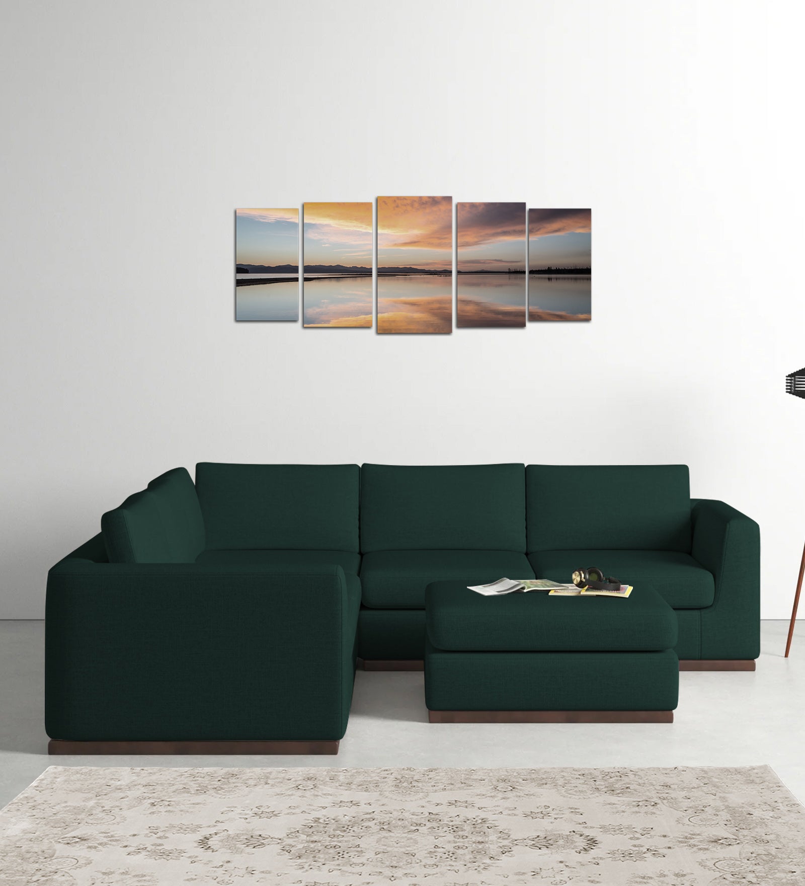 Freedom Velvet 6 Seater LHS Corner Sofa In Forest Green Colour With Ottoman - Febonic Living