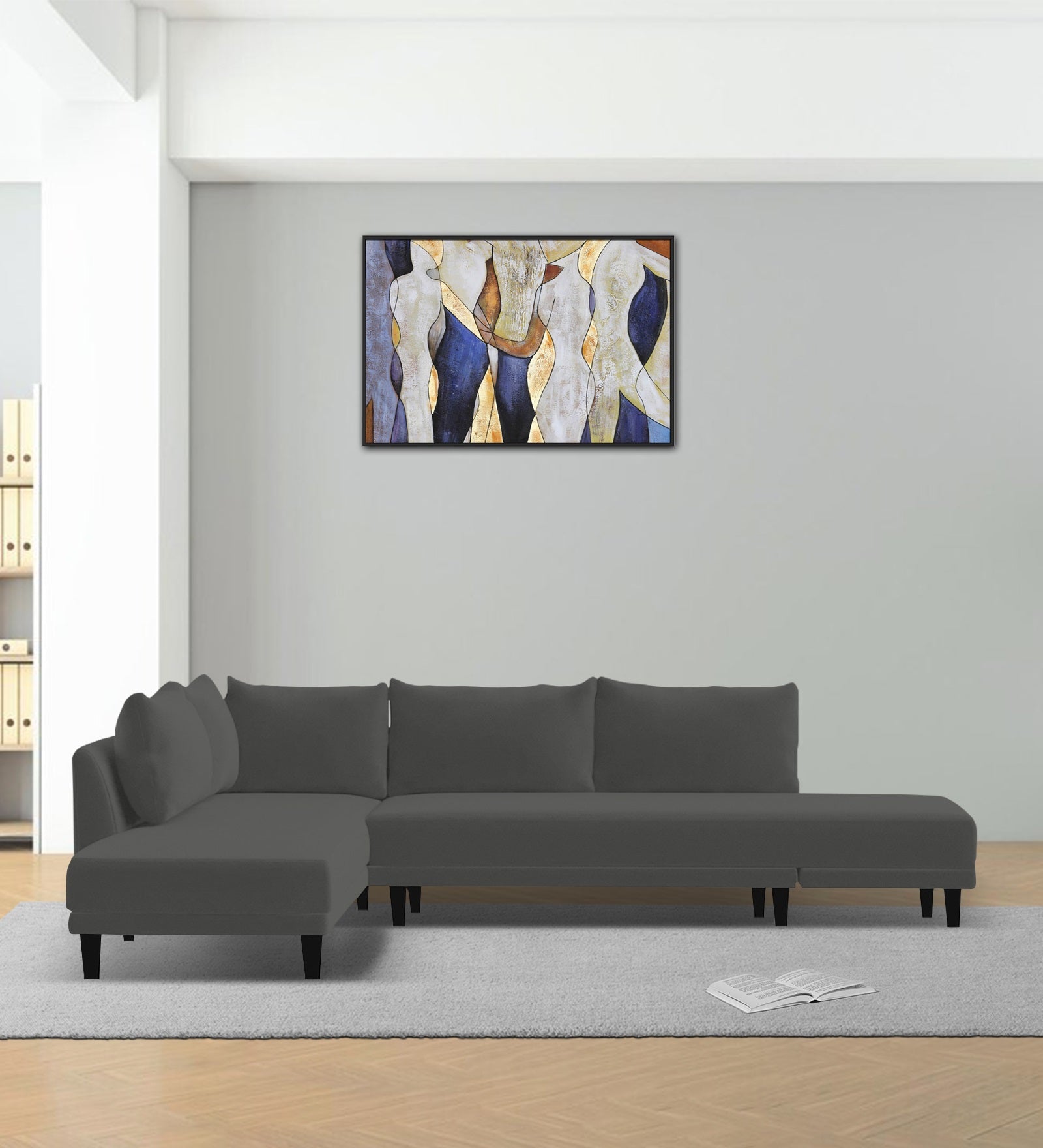 Ira Fabric RHS 6 Seater Convertible Sofa Cum Bed In Charcoal Grey Colour - Febonic Living