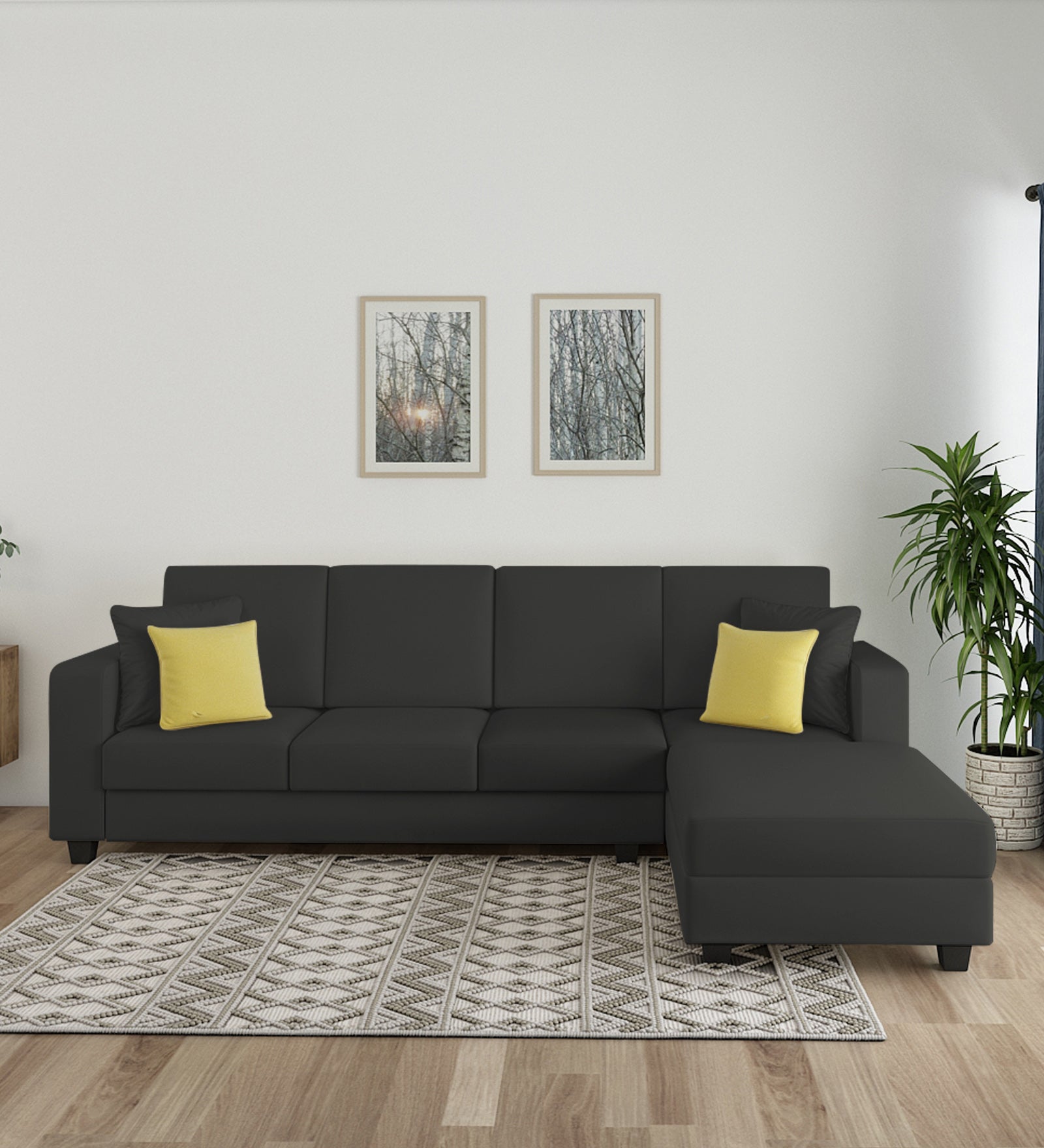Nabi Fabric LHS Sectional Sofa (3 + Lounger) In Charcoal Grey Colour