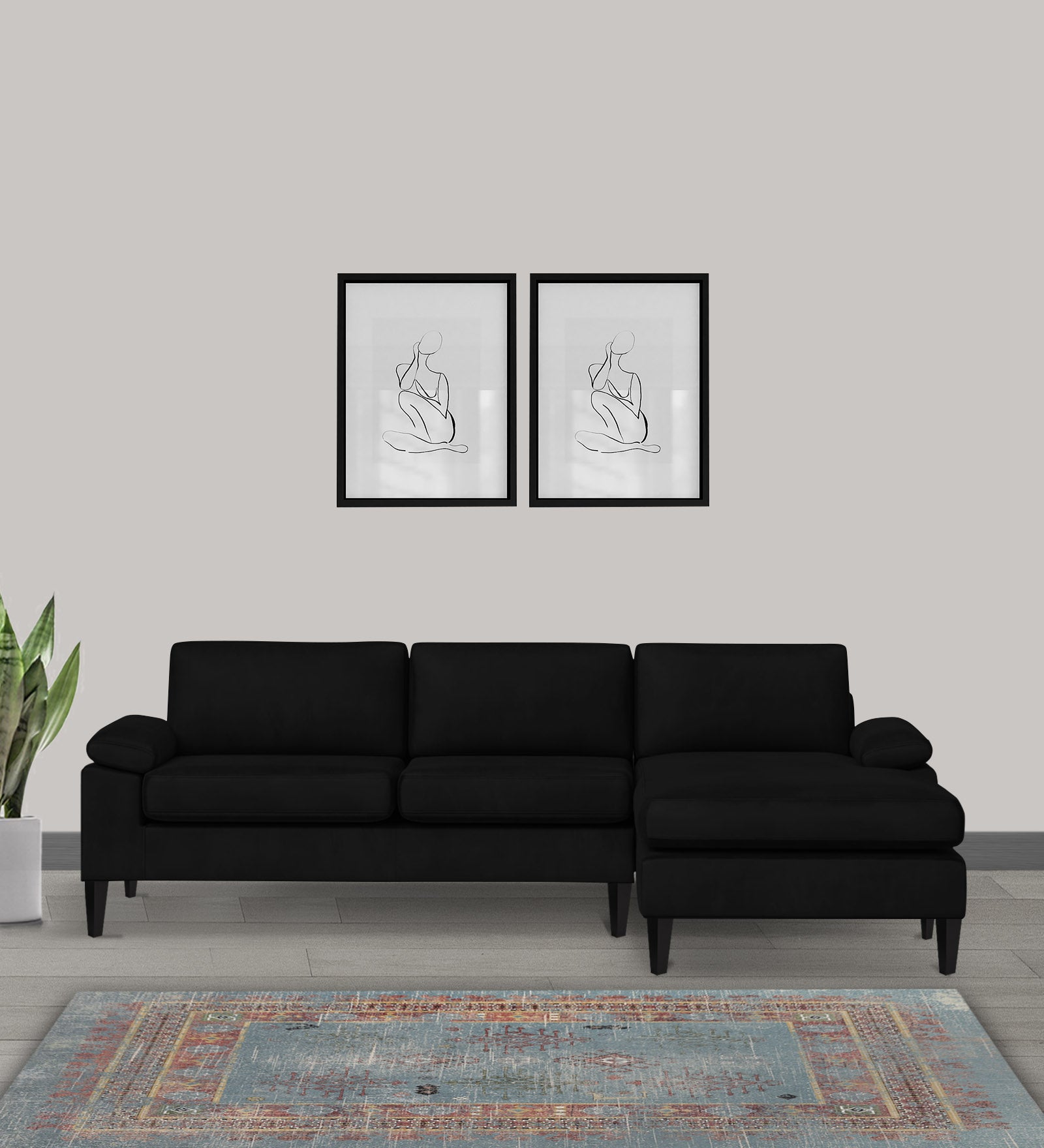 Vegas Velvet LHS Sectional Sofa (3+Lounger) In Adam Black Colour - Febonic Living