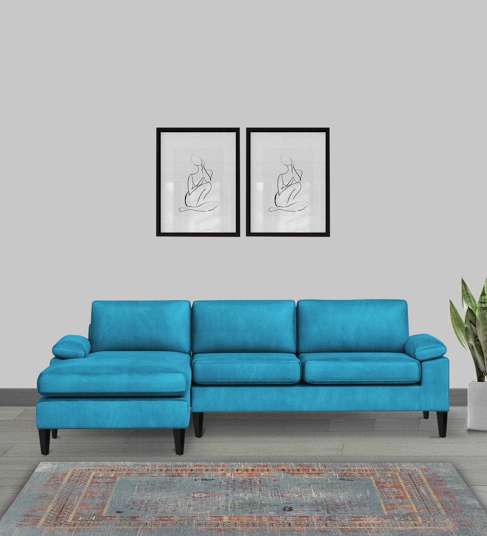 Vegas Velvet RHS Sectional Sofa (3+Lounger) In Aqua blue Colour - Febonic Living