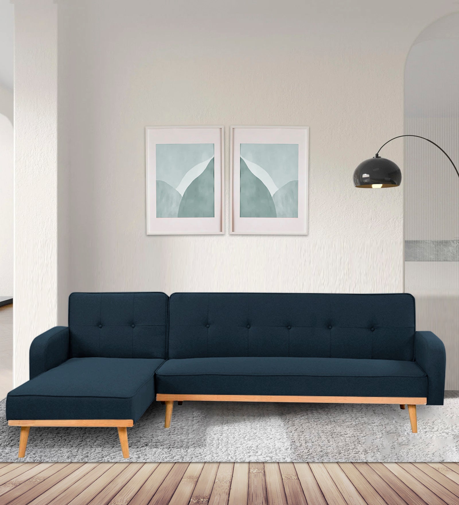 Zuno Fabric RHS Convertible Sofa Cum Bed In Denim Blue Colour - Febonic Living