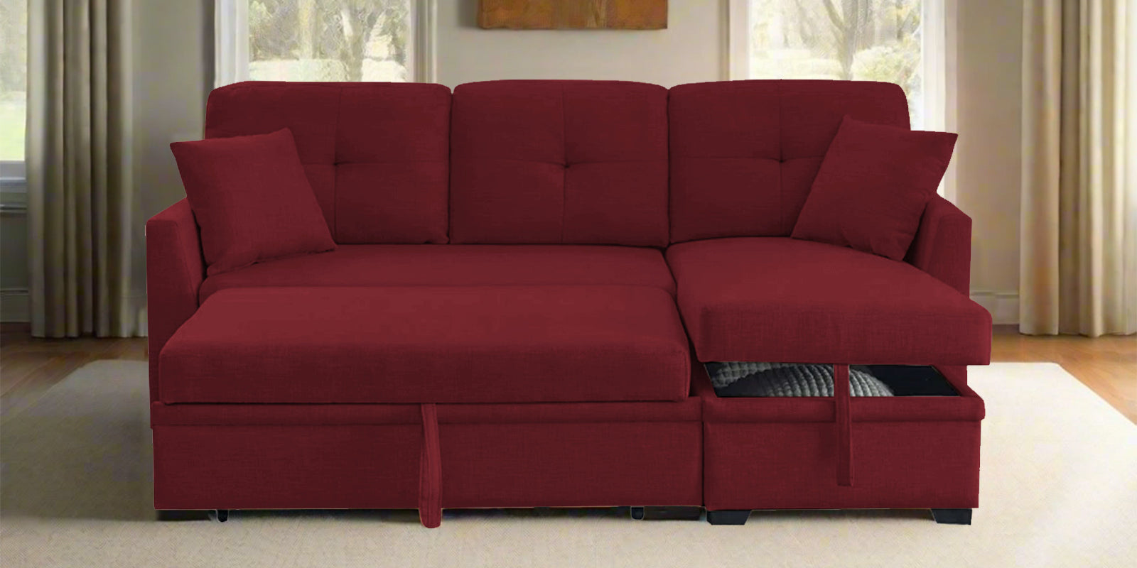 Jody Fabric 3 Seater Pull Out Sofa Cum Bed In Blood Maroon Colour With Storage - Febonic Living