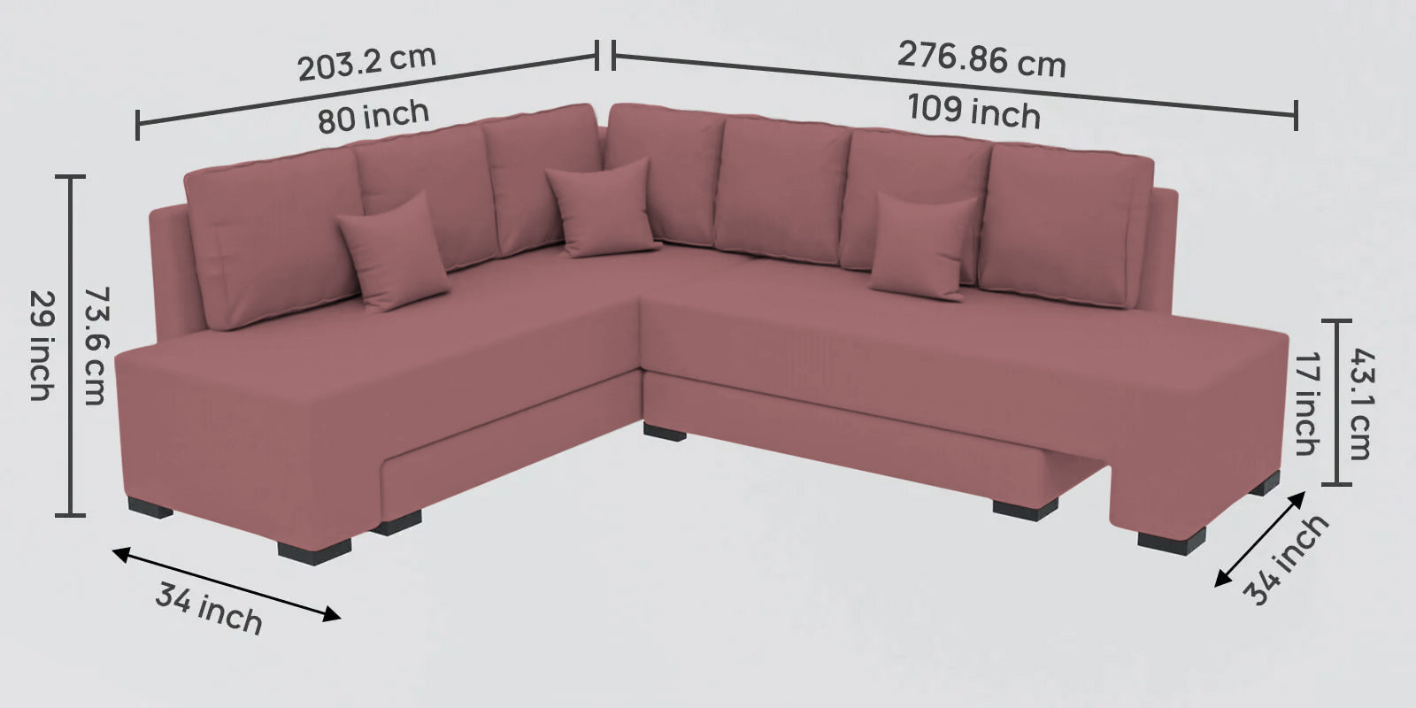 Corby Velvet RHS 6 Seater Convertible Sofa Cum Bed In Rose Pink Colour - Febonic Living