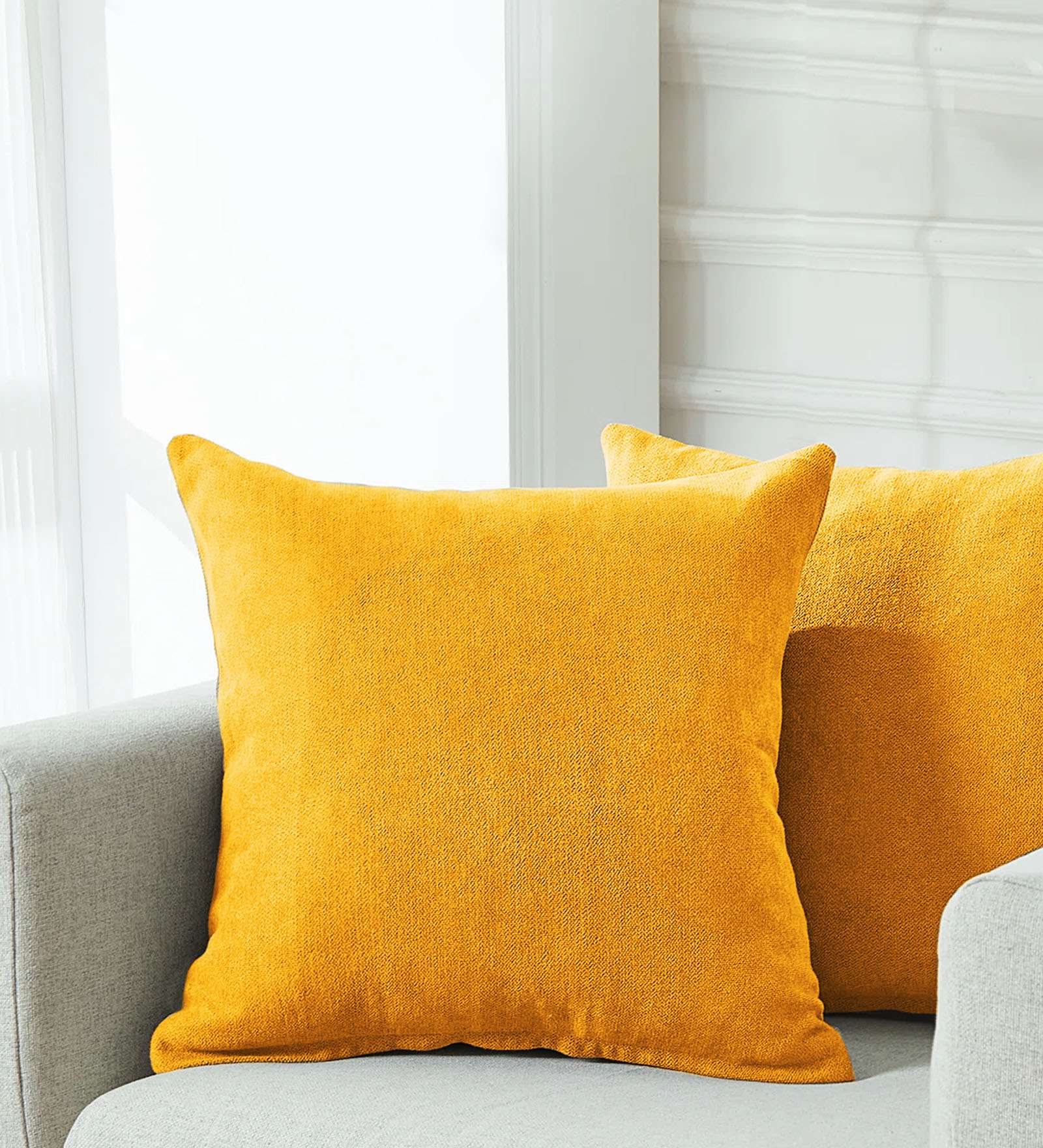 Kaya Fabric (20x20in) Sofa Pillows In Bold Yellow Colour (Pack of 2)