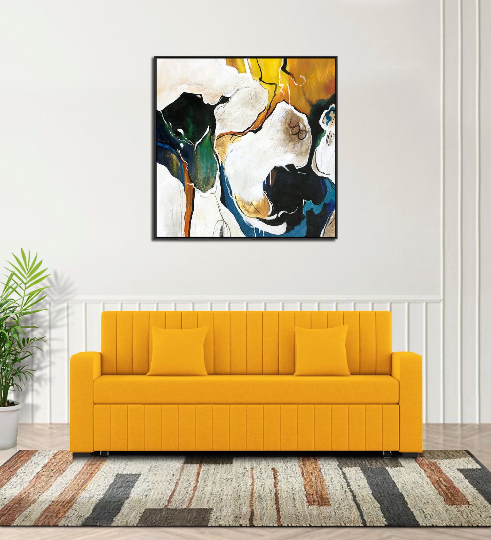 Calra Fabric 3 Seater Pull Out Sofa Cum Bed In Bold Yellow Colour With Storage - Febonic Living