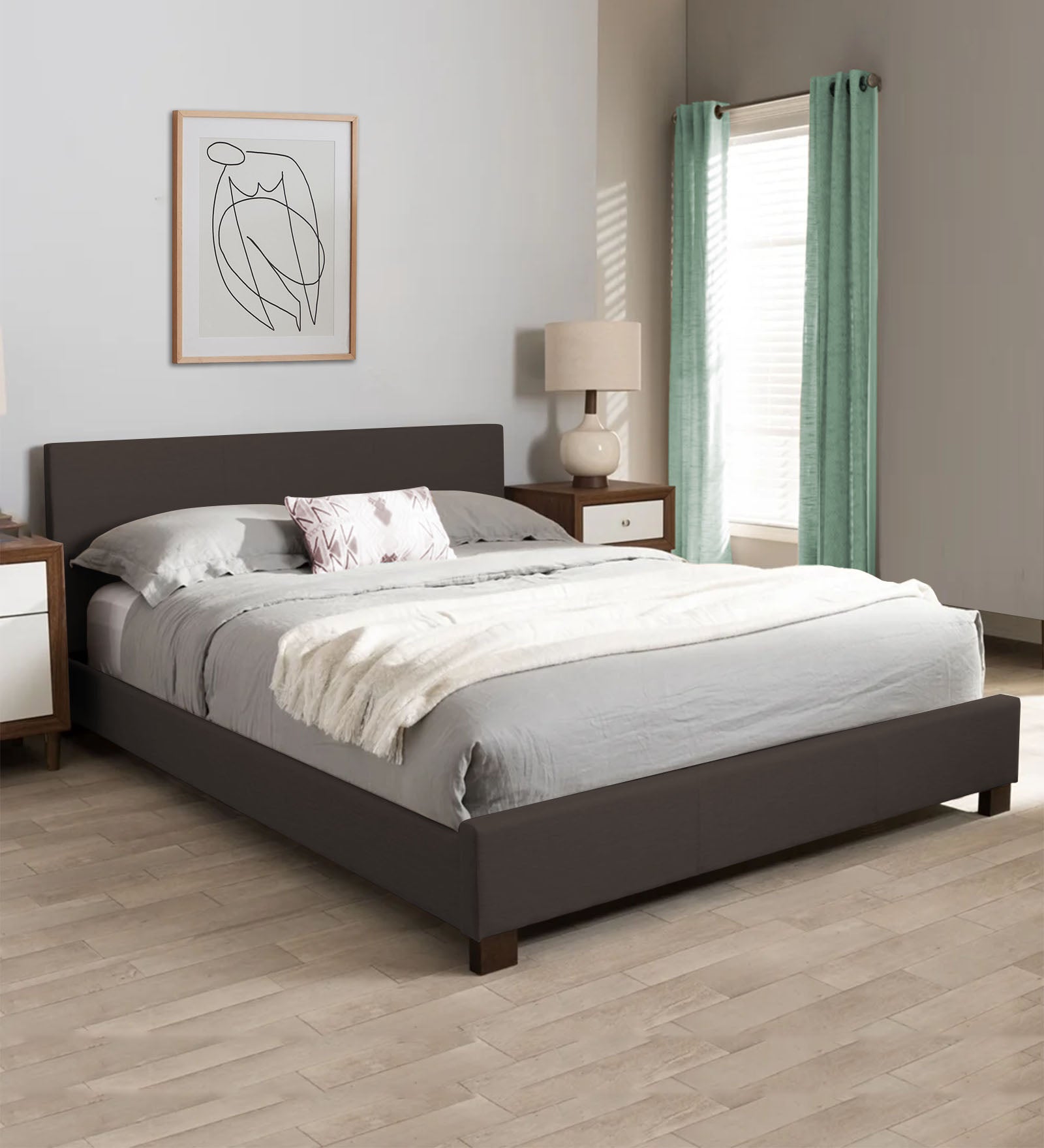 Lora Fabric Queen Size Bed in Dark Brown Colour - Febonic Living