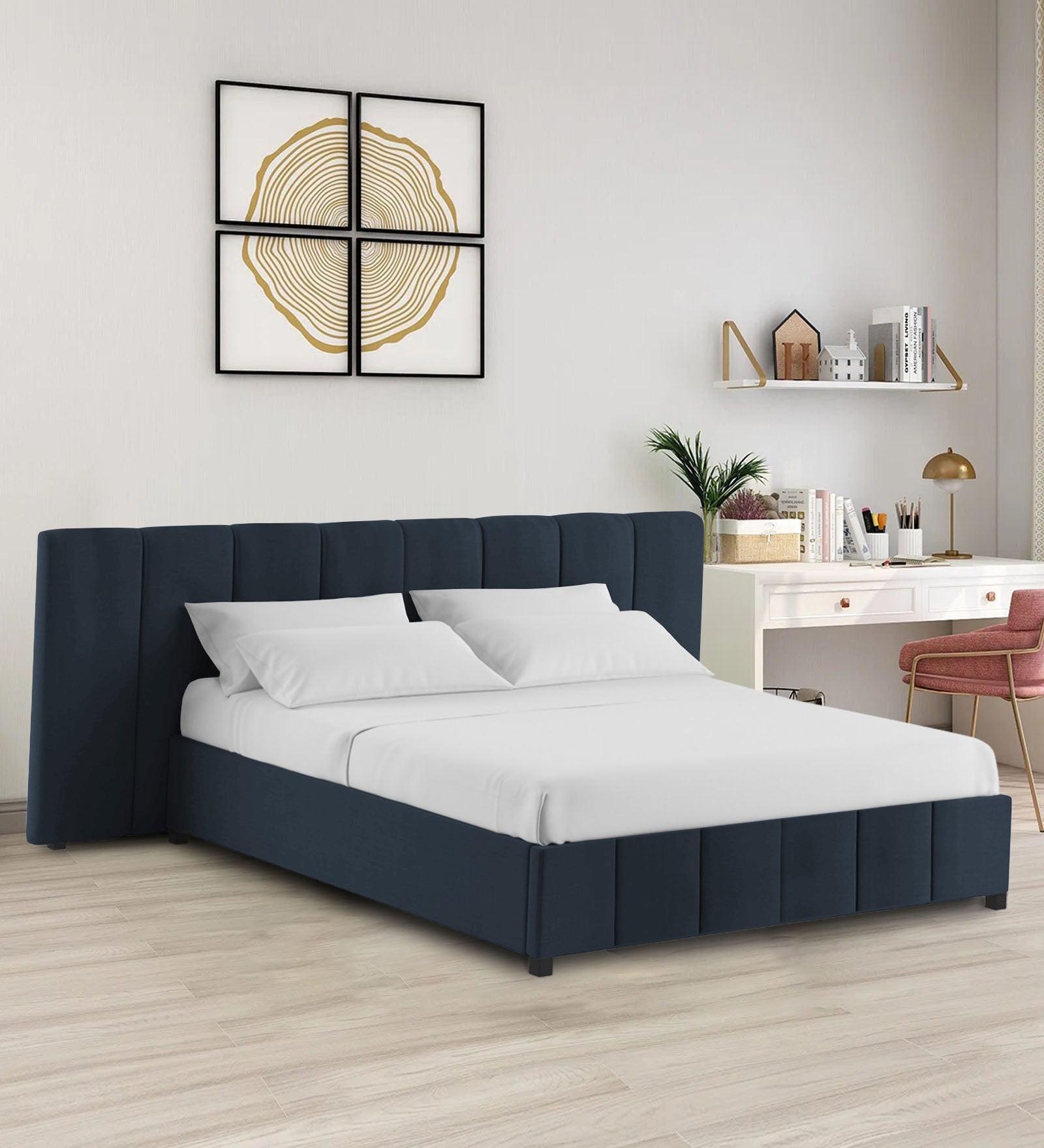Nora Fabric Queen Size Bed In Denim Blue Colour With Box Storage - Febonic Living
