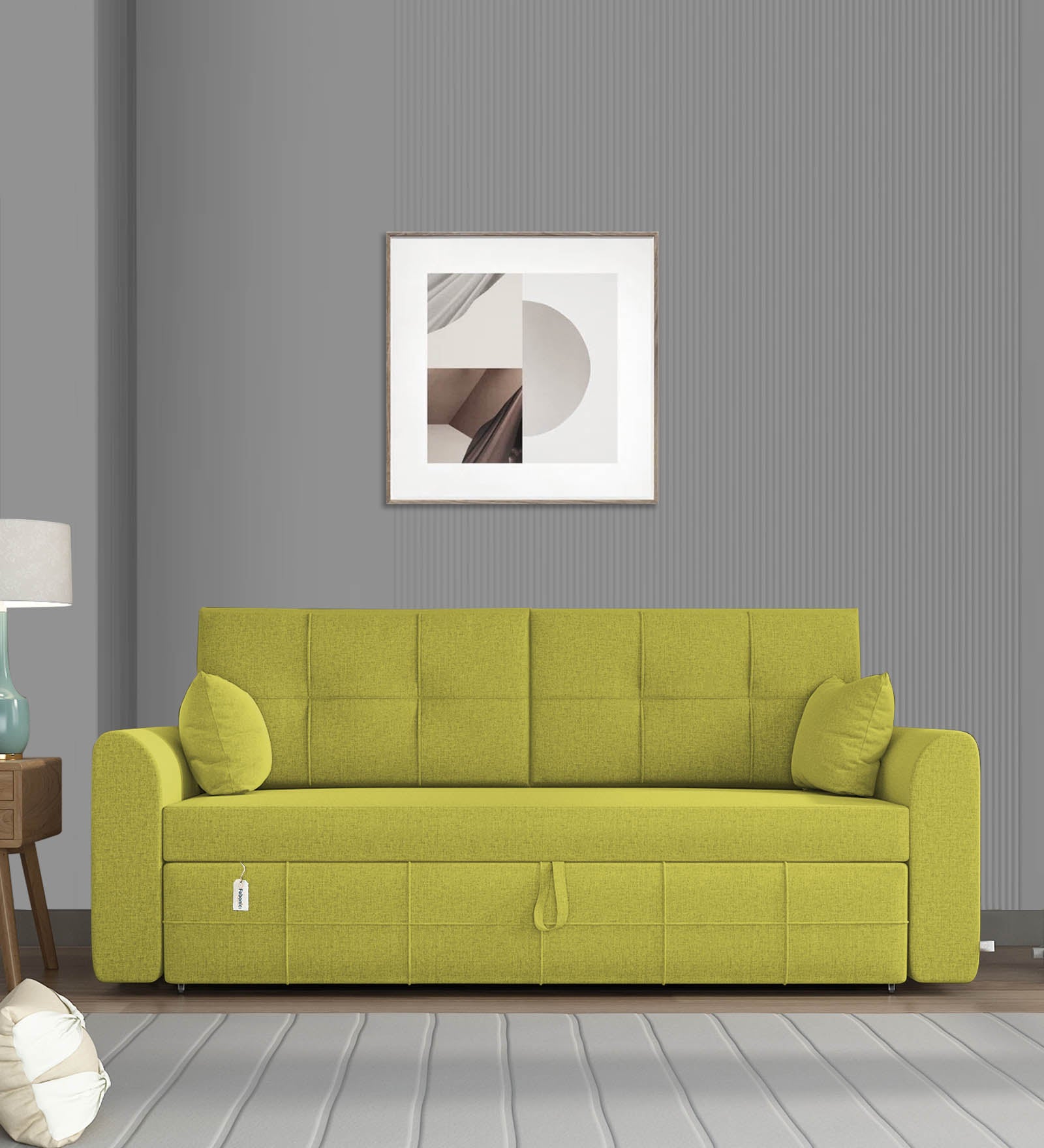 Ines Velvet 3 Seater Pull Out Sofa Cum Bed In Parrot Green Colour With Storage - Febonic Living