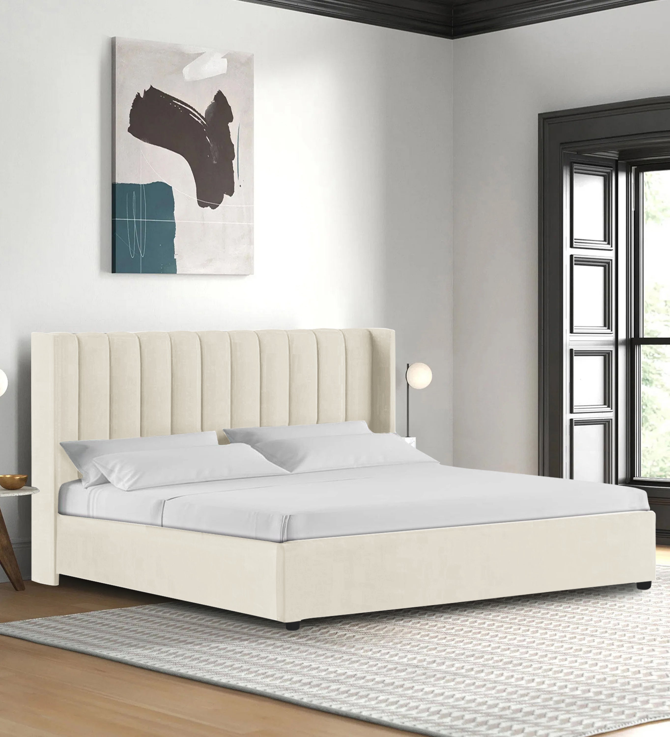 Colina Fabric Queen Size Bed In Ivory Cream Colour With Box Storage - Febonic Living