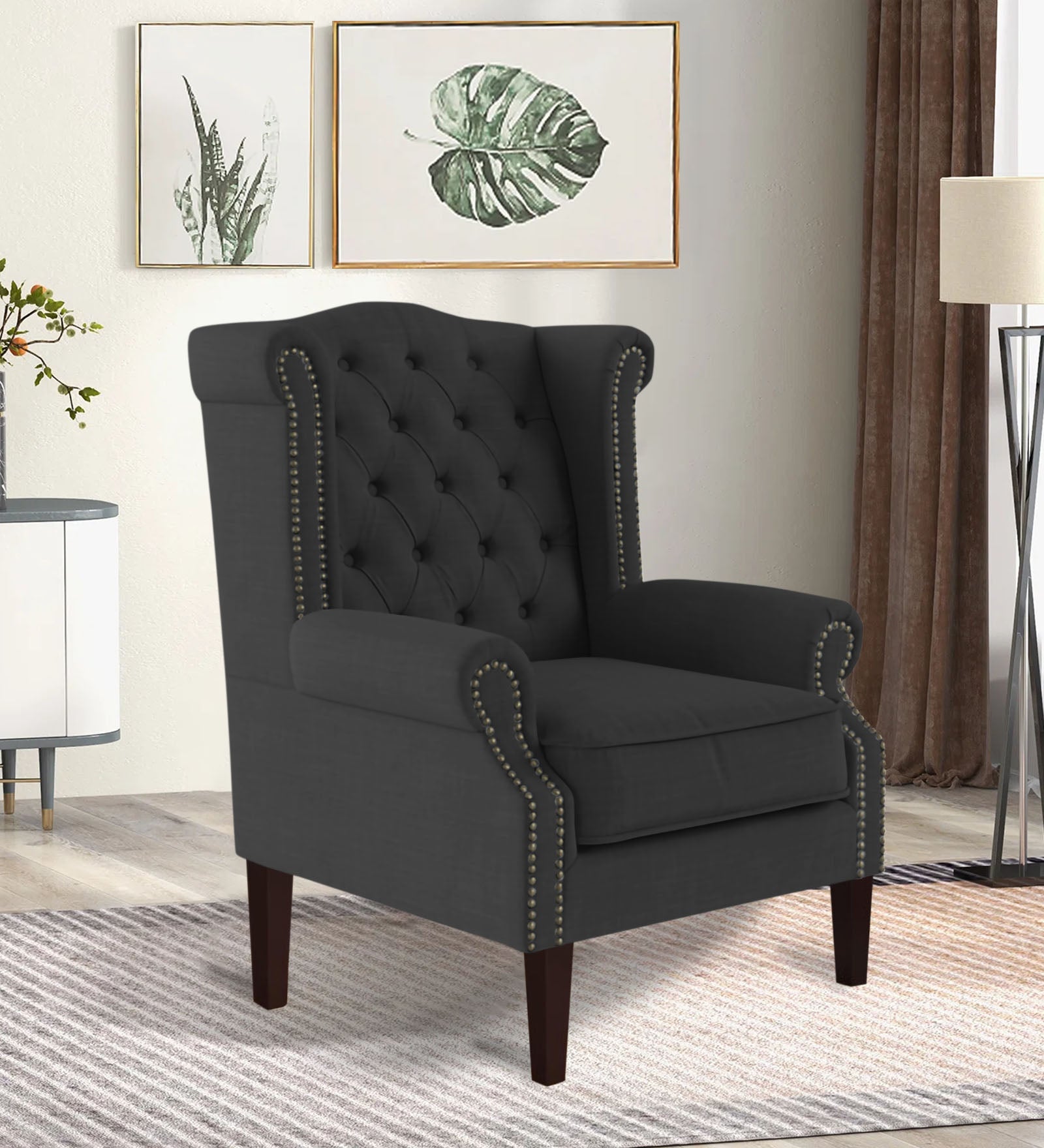 Nottage Fabric Wing Chair In Charcoal Grey Colour - Febonic Living