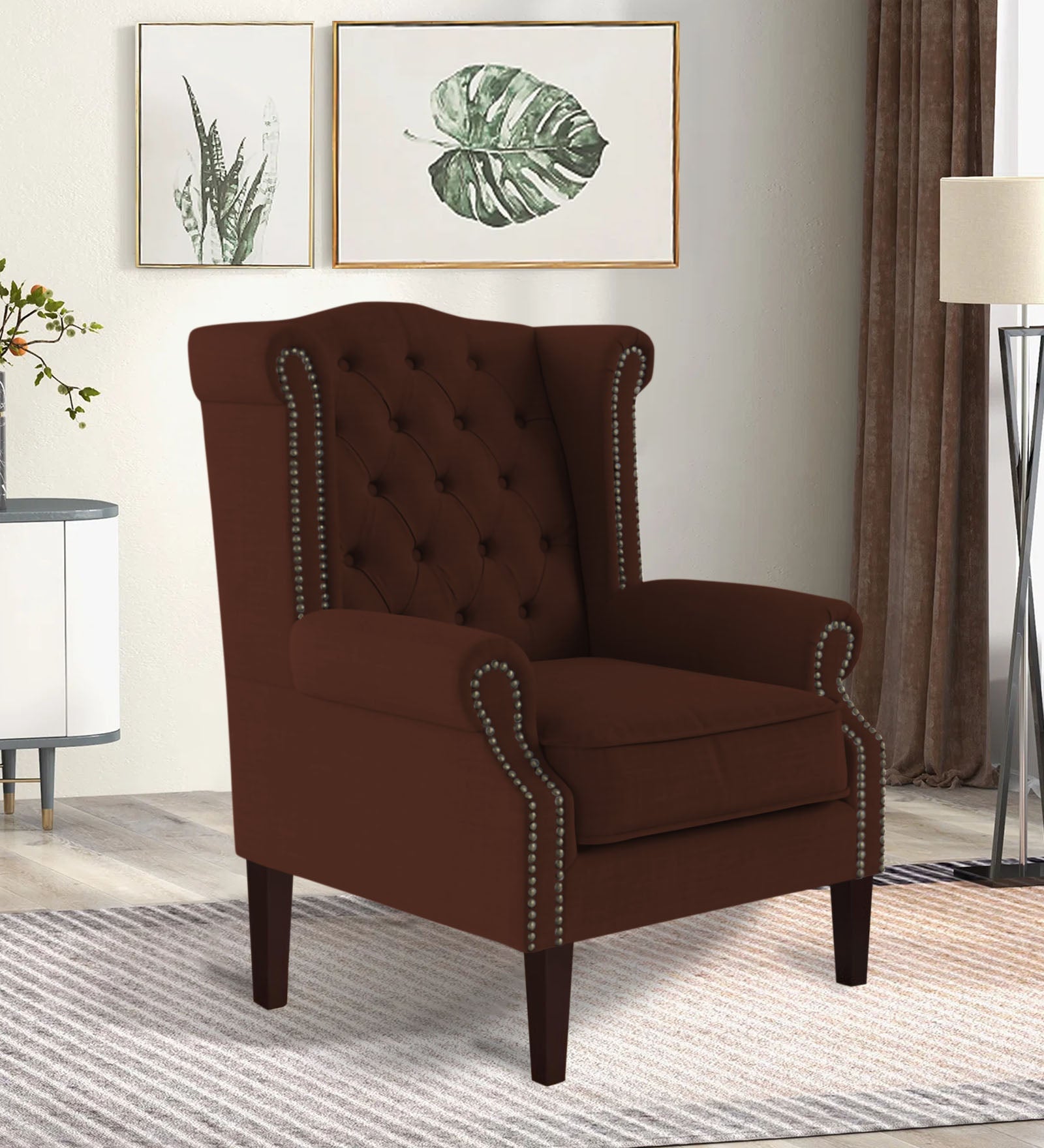Nottage Fabric Wing Chair In Coffee Brown Colour - Febonic Living