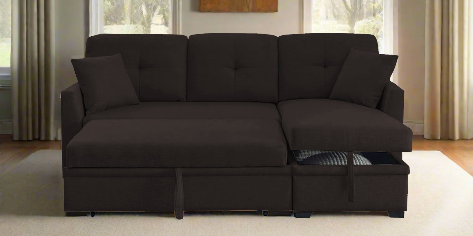 Jody Fabric 3 Seater Pull Out Sofa Cum Bed In Cara Brown Colour With Storage - Febonic Living