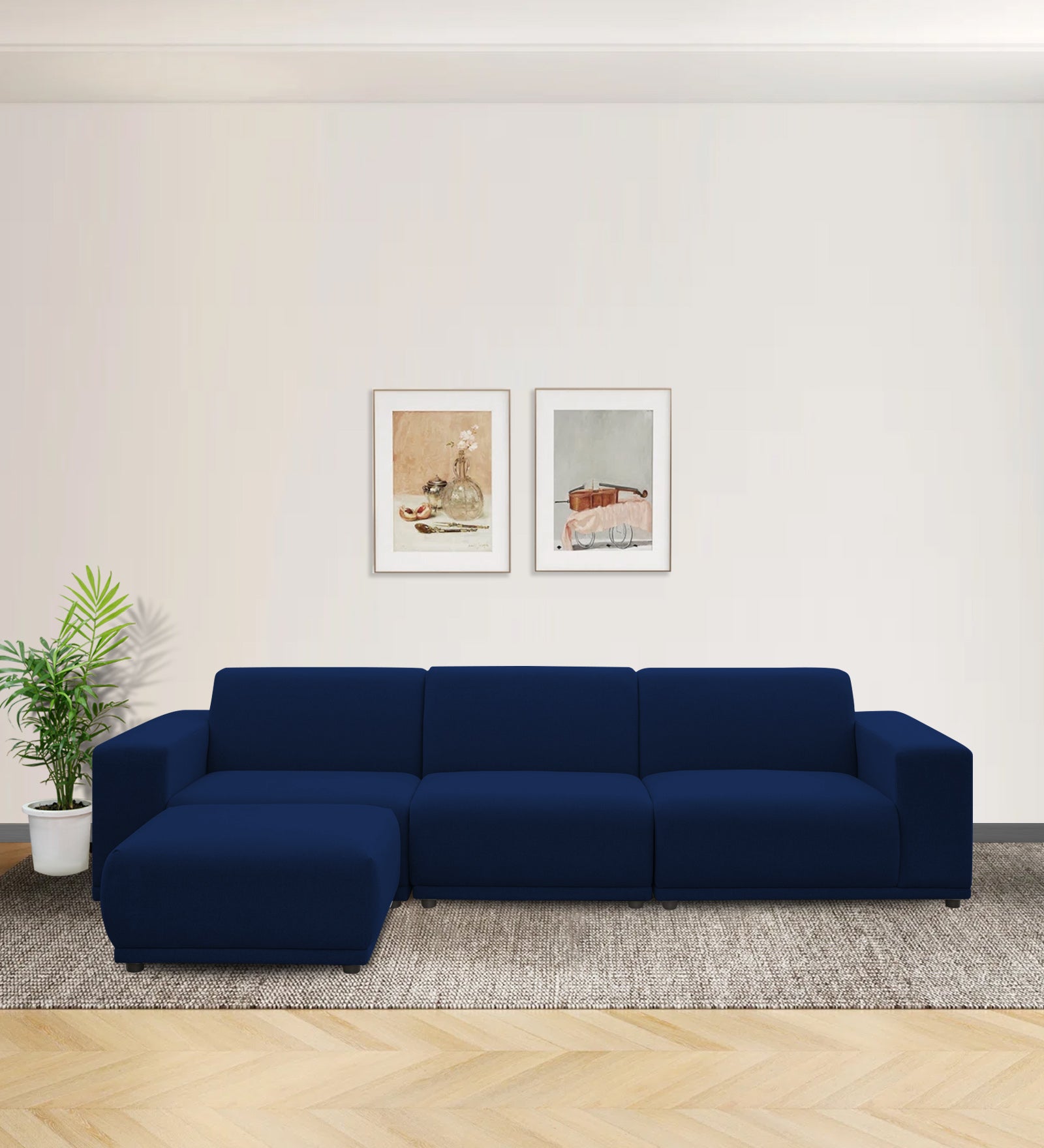 Adam Fabric LHS Sectional Sofa (3+Ottoman Lounger) In Royal Blue Colour - Febonic Living