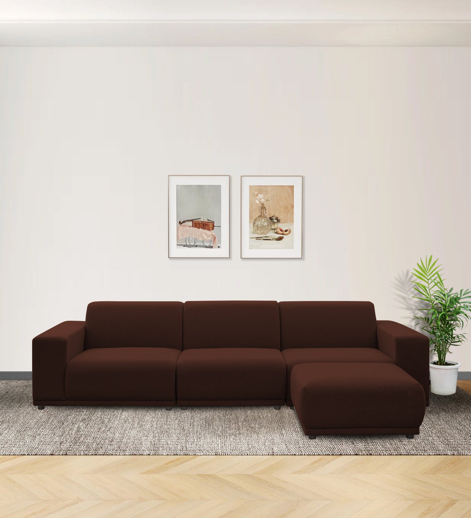 Adam Fabric RHS Sectional Sofa (3+Ottoman Lounger) In Coffee Brown Colour - Febonic Living