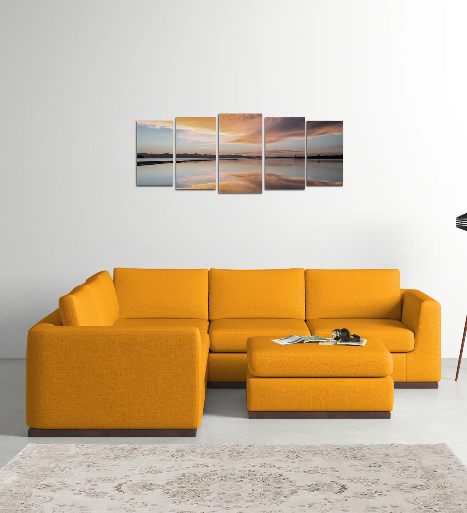 Freedom Velvet 6 Seater LHS Corner Sofa In Safforn Yellow Colour With Ottoman - Febonic Living