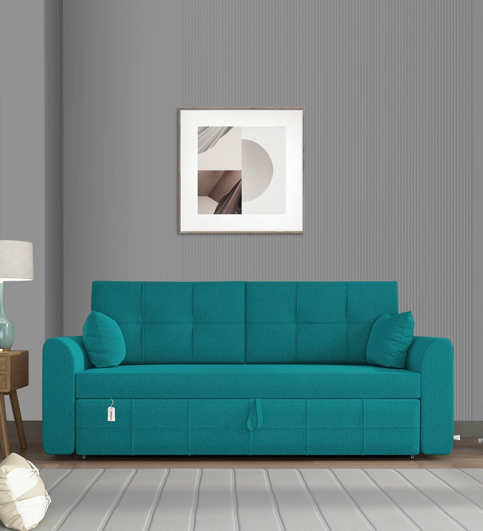 Ines Velvet 3 Seater Pull Out Sofa Cum Bed In Sea Green Colour With Storage - Febonic Living