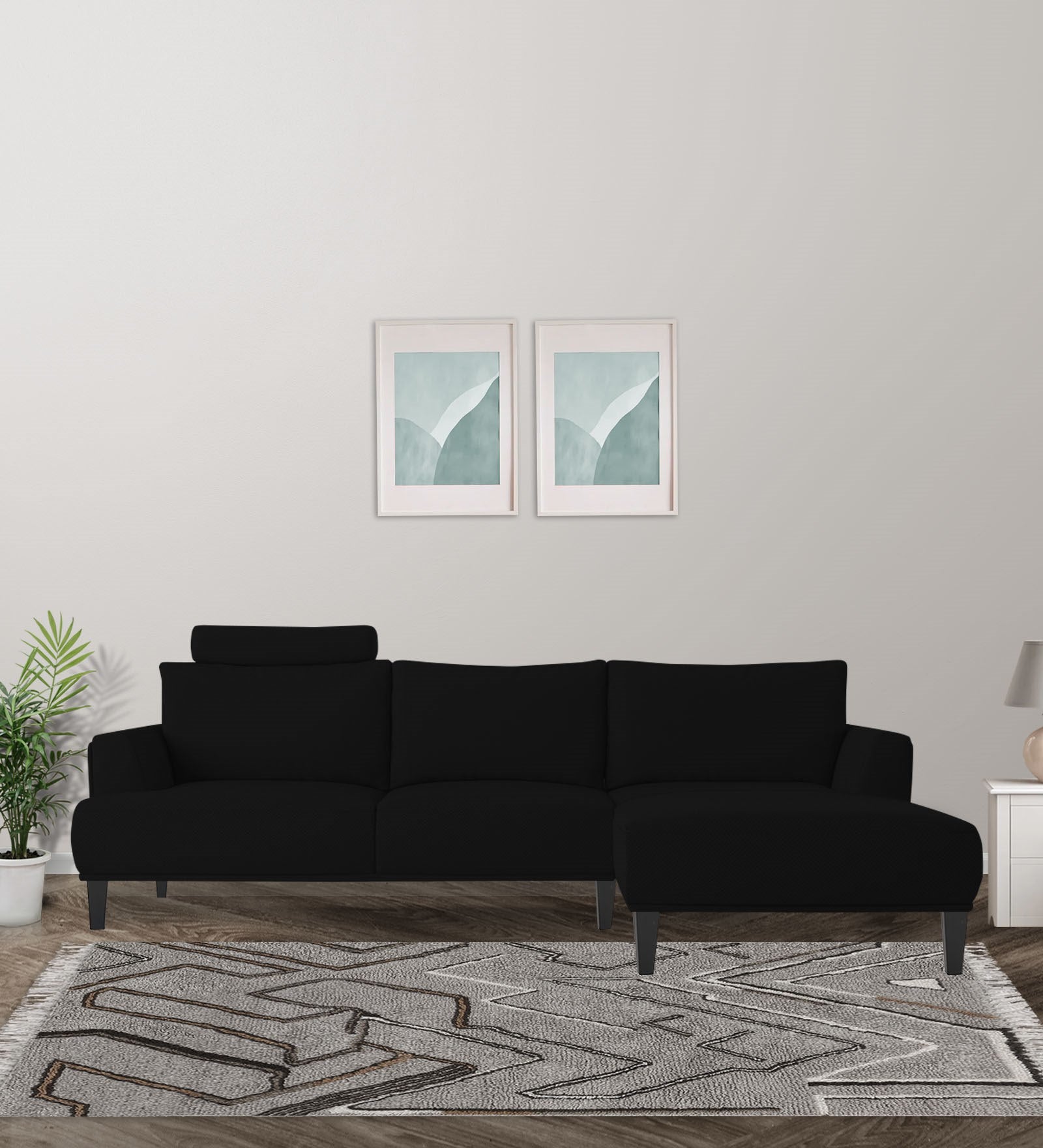Como Fabric LHS Sectional Sofa (3+Lounger) In Zed Black Colour - Febonic Living