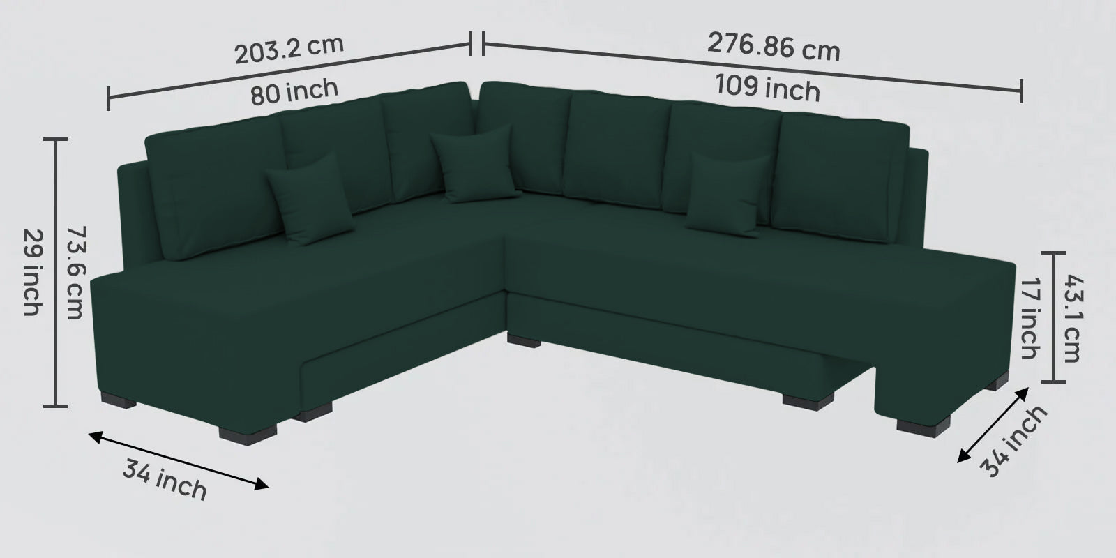 Corby Velvet RHS 6 Seater Convertible Sofa Cum Bed In Forest Green Colour - Febonic Living
