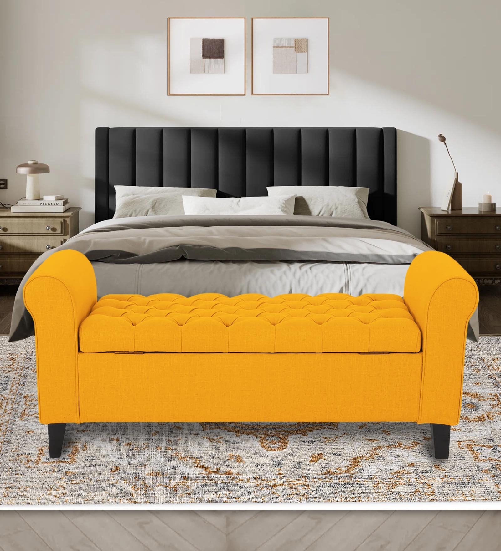 Nowia Fabric 2 Seater Recamier In Bold Yellow Colour With Storage - Febonic Living