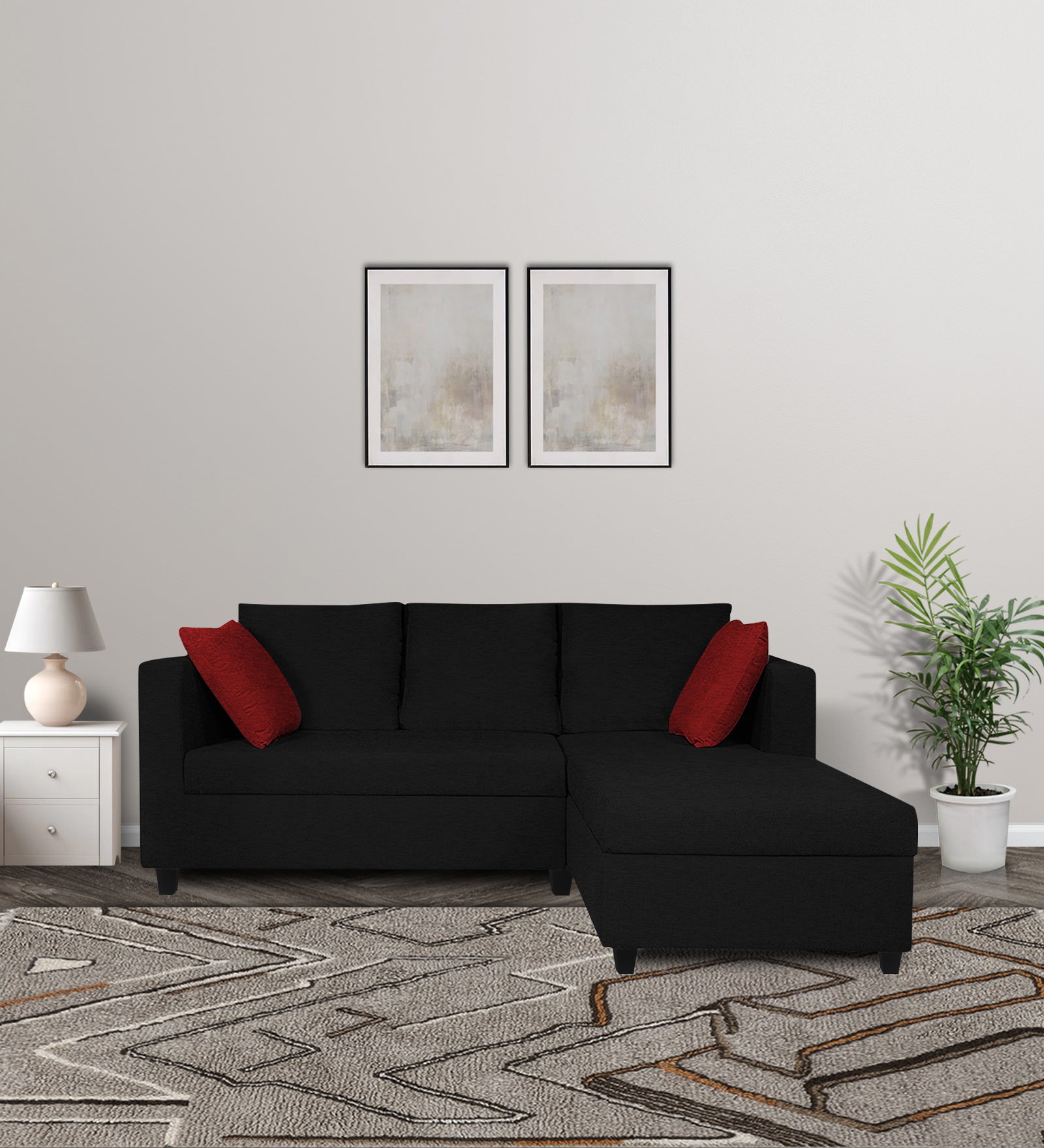Nebula Fabric LHS Sectional Sofa (2+Lounger) In Zed Black Colour - Febonic Living