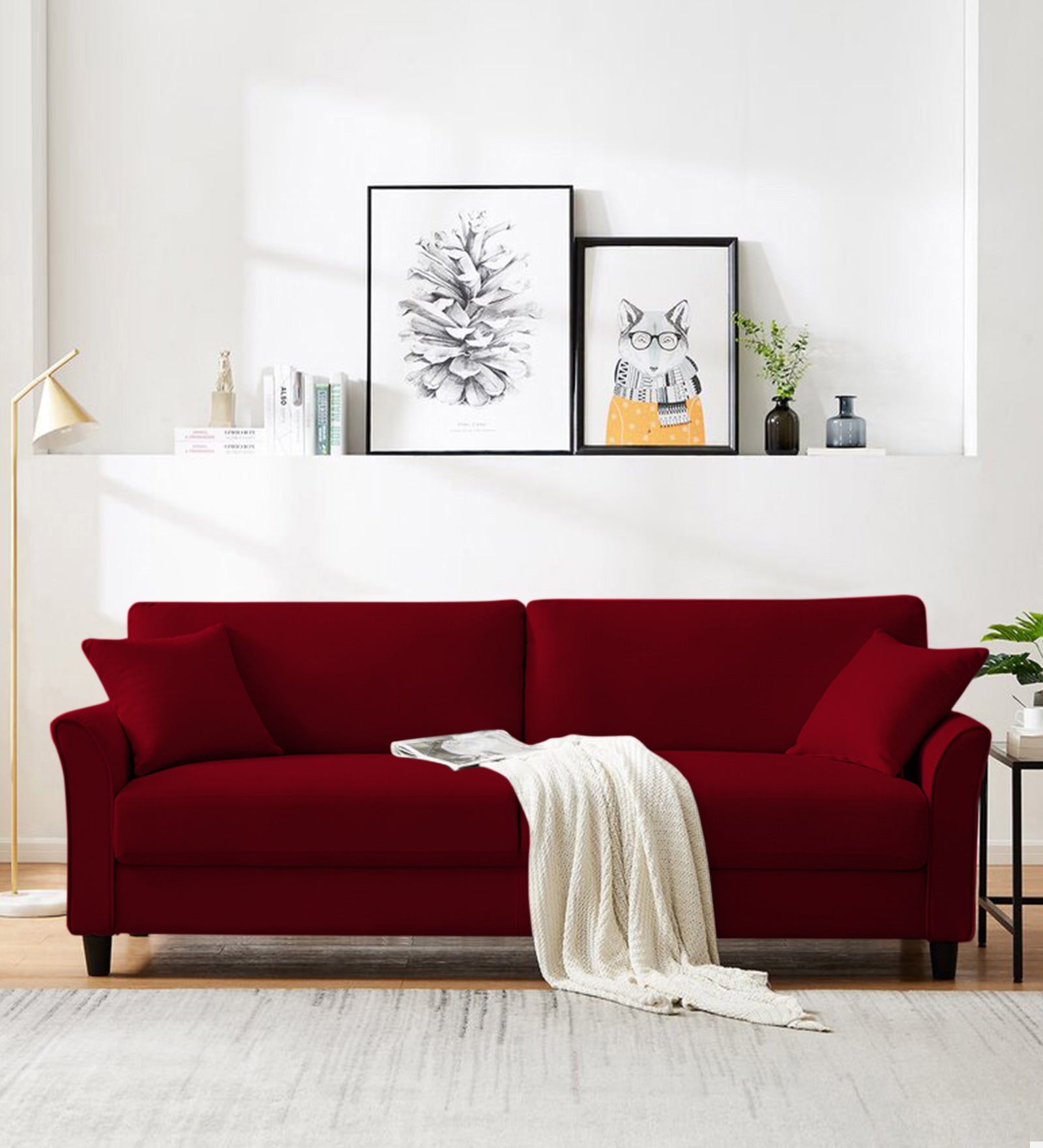 Daroo Velvet 3 Seater Sofa In Cherry Red Colour - Febonic Living