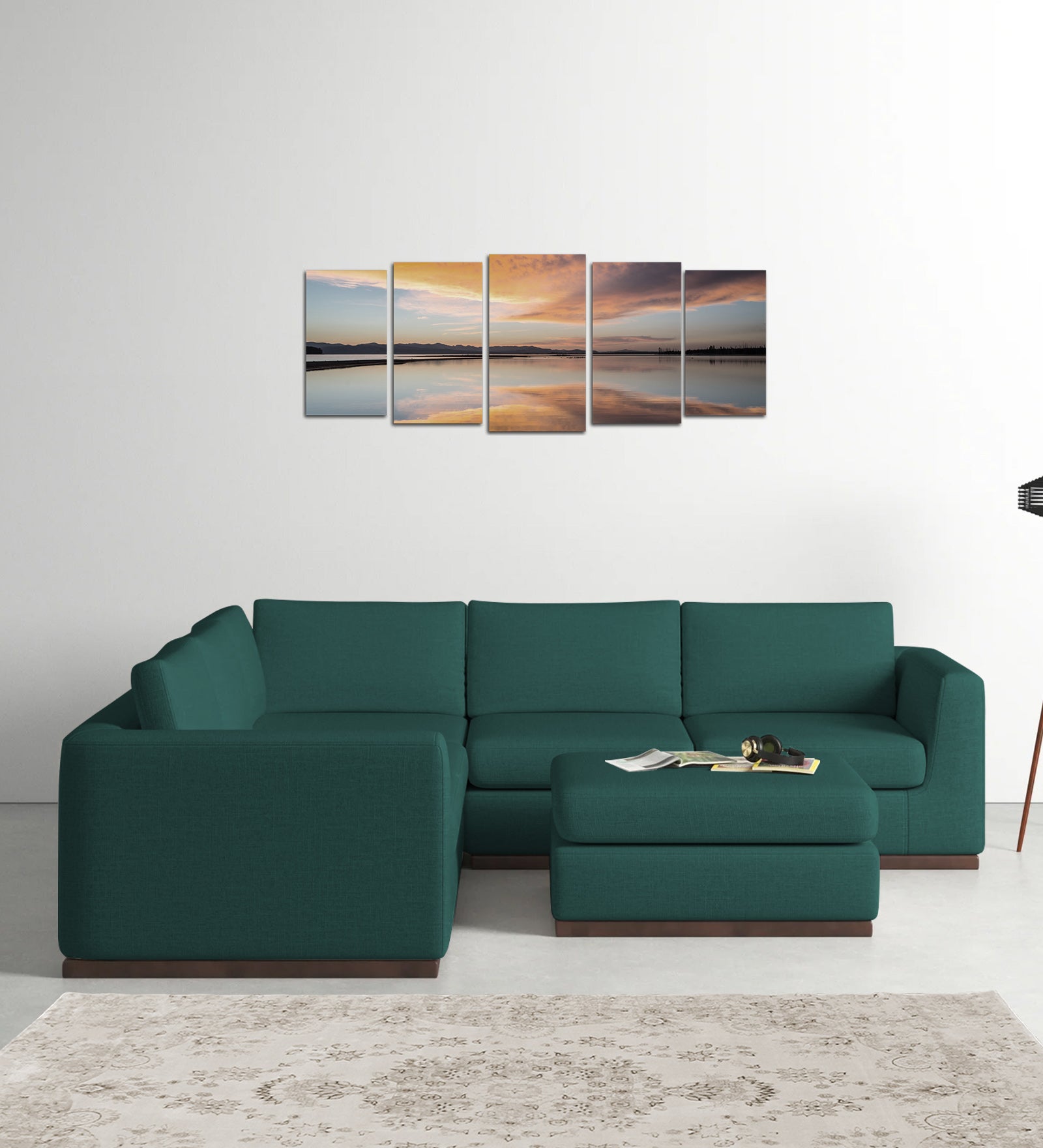 Freedom Velvet 6 Seater LHS Corner Sofa In Pine Green Colour With Ottoman - Febonic Living