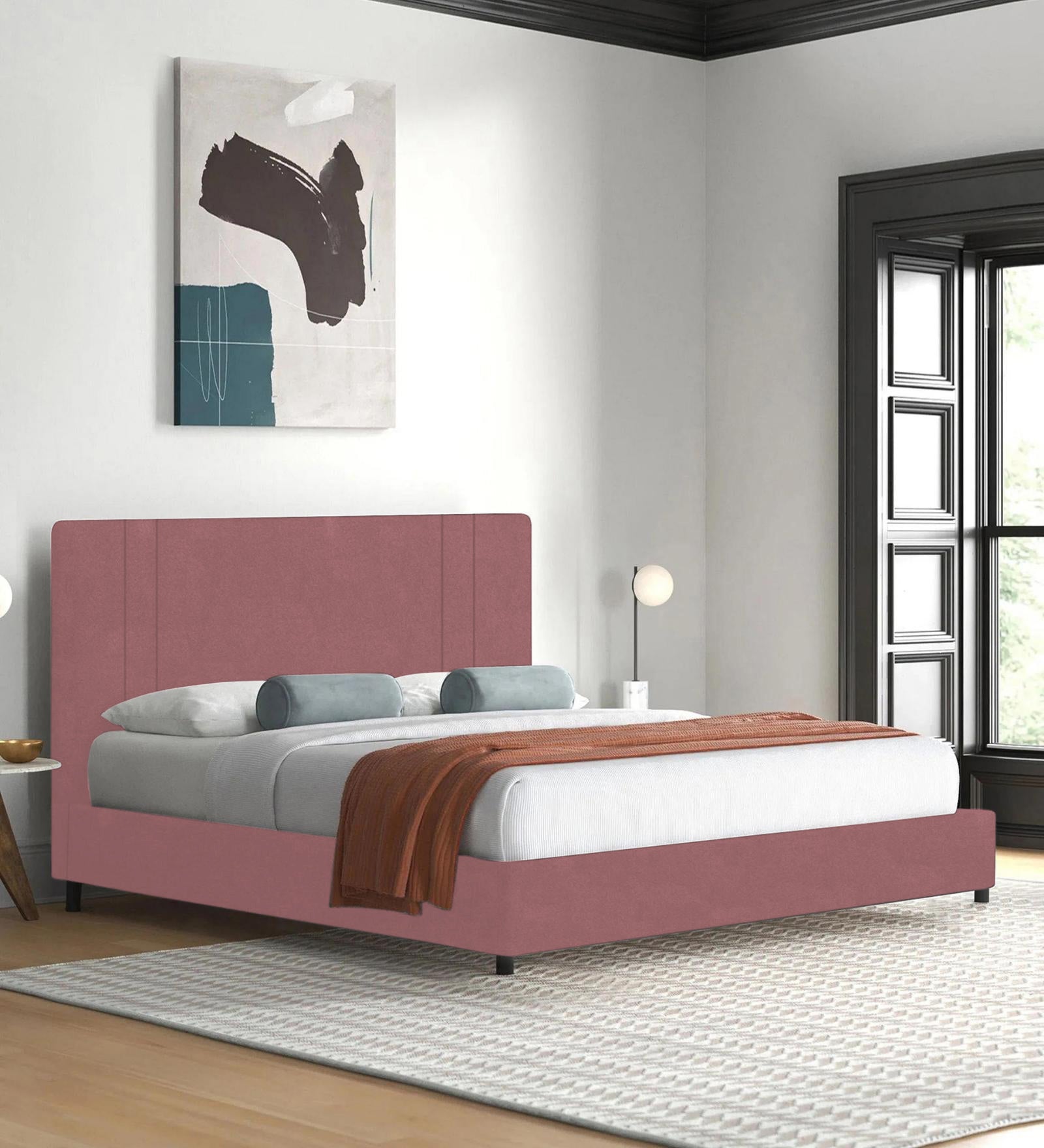 Asyra Velvet Queen Bed in Rose Pink Colour With Box Storage - Febonic Living