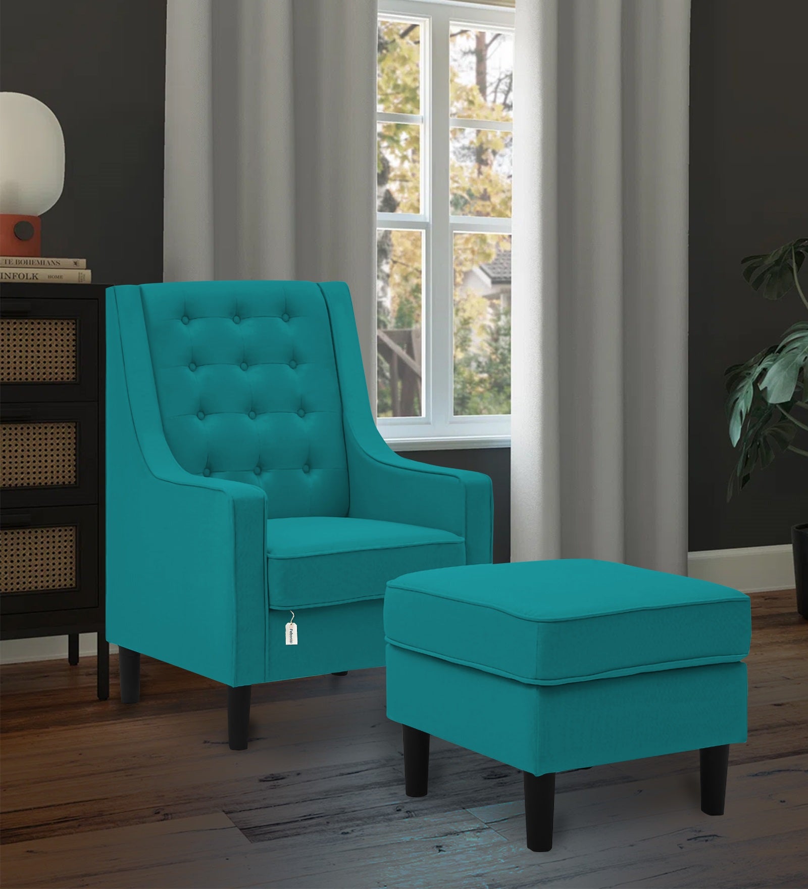 Sona Fabric Barrel Chair + Ottoman in Sea Green Colour