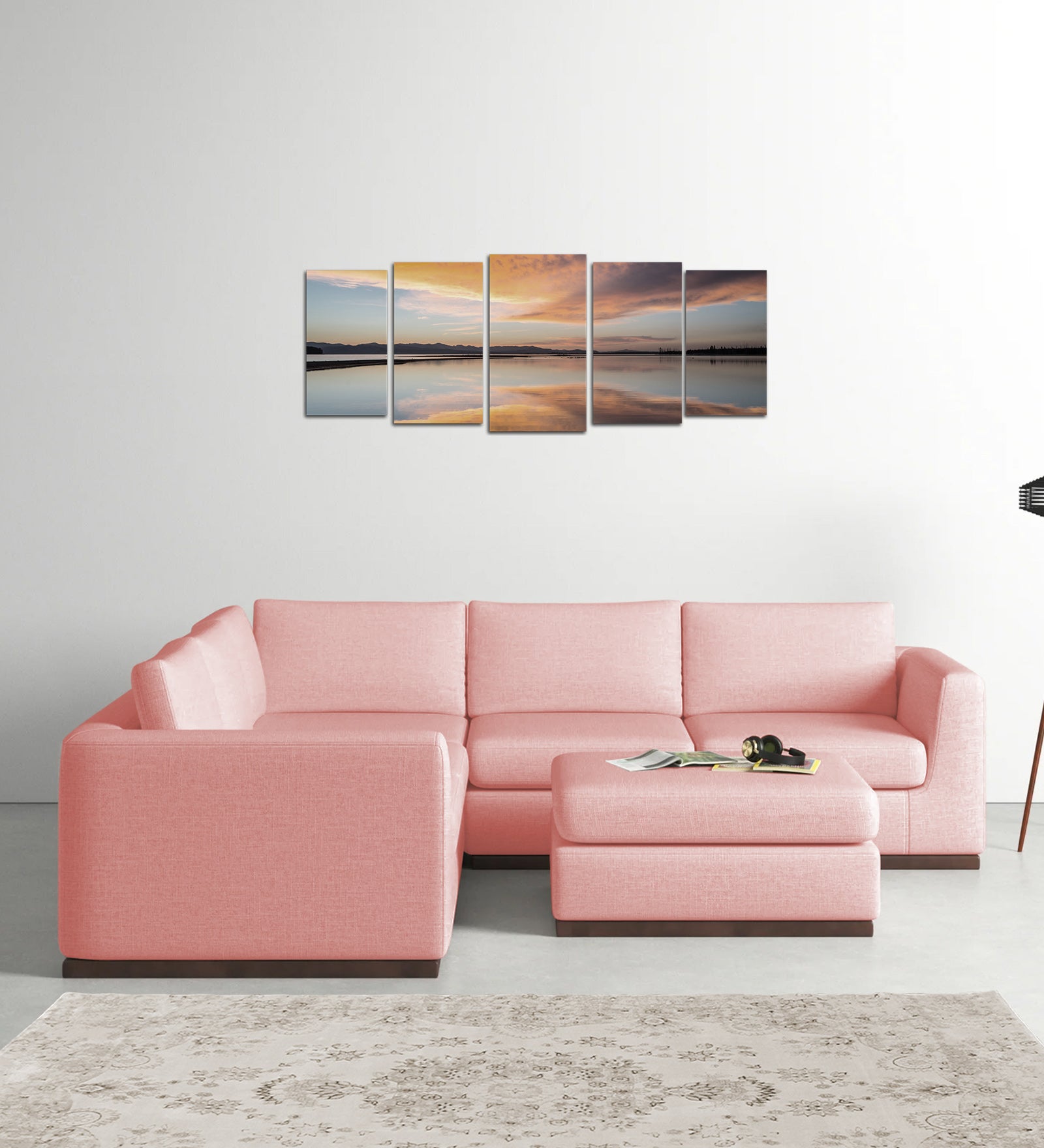 Freedom Velvet 6 Seater LHS Corner Sofa In Millennial Pink Colour With Ottoman - Febonic Living