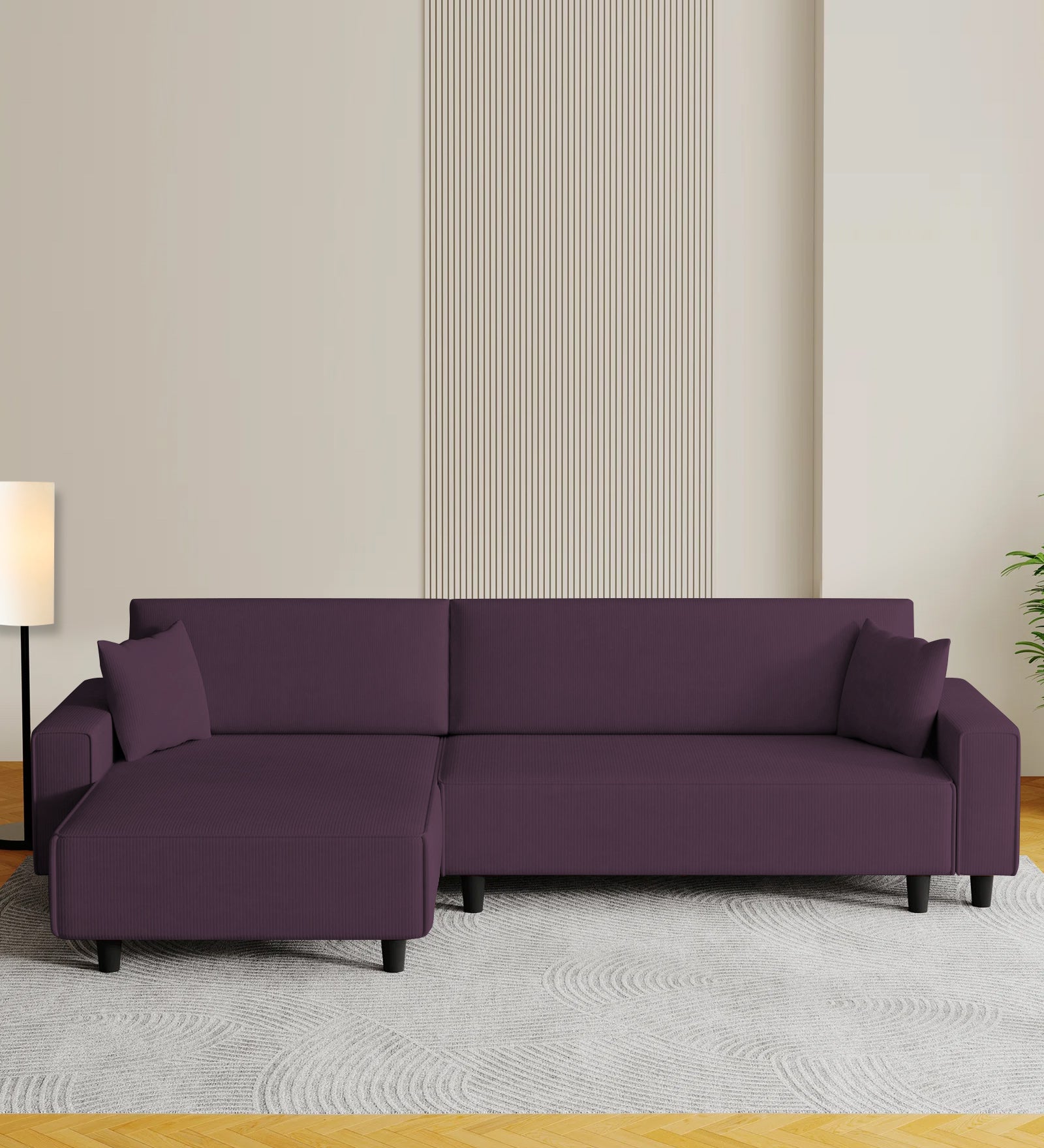 Peach Fabric RHS 6 Seater Sofa Cum Bed With Storage In Greek Purple Colour - Febonic Living