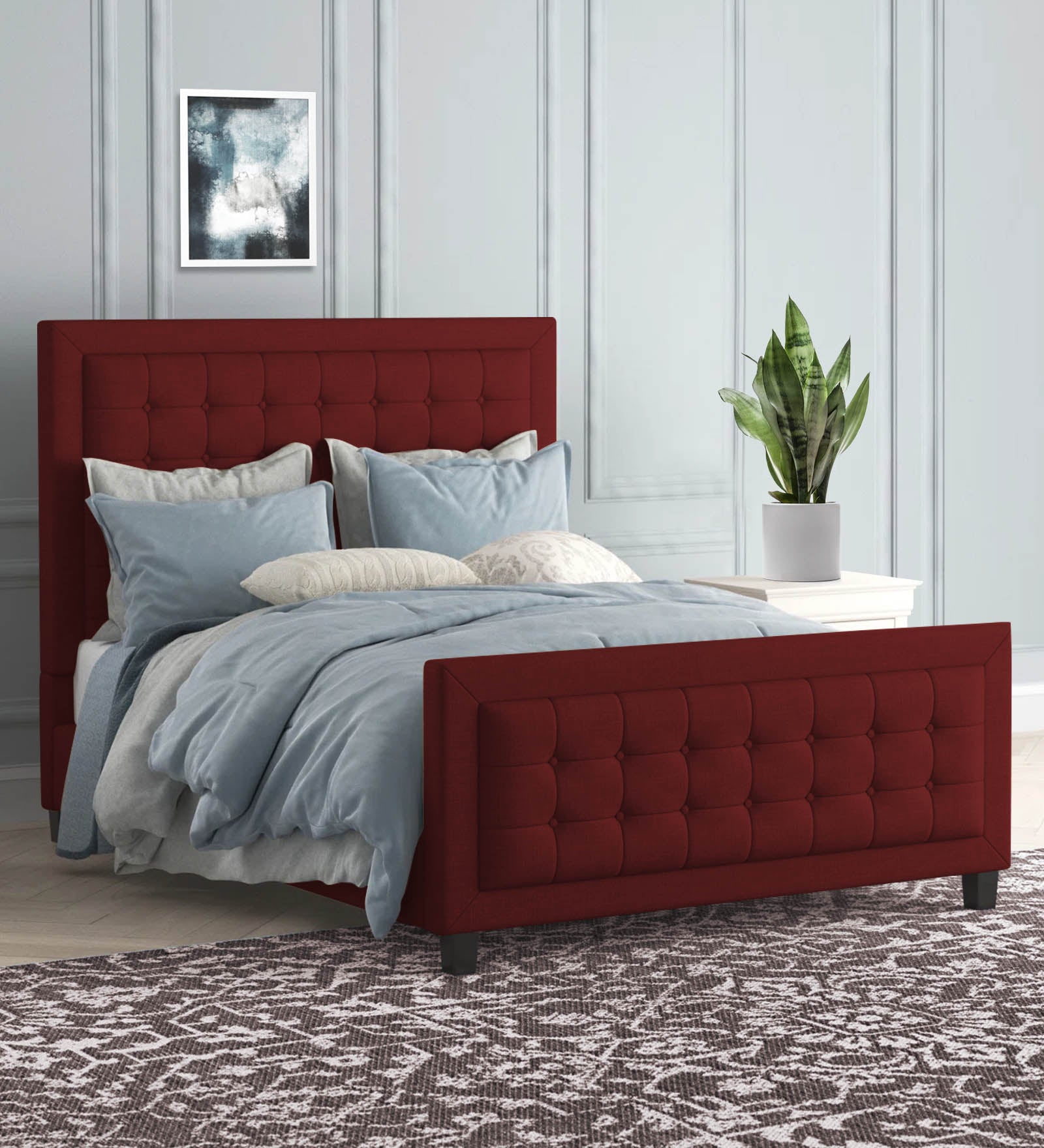 Kaster Fabric Queen Size Bed In Blood Maroon Colour - Febonic Living