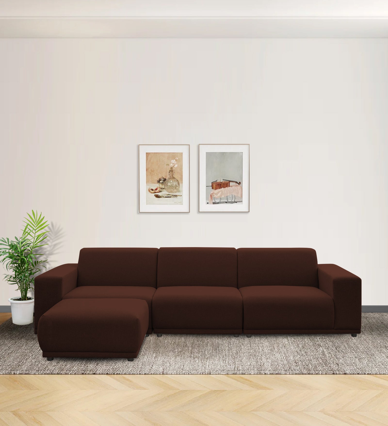 Adam Fabric LHS Sectional Sofa (3+Ottoman Lounger) In Coffee Brown Colour - Febonic Living