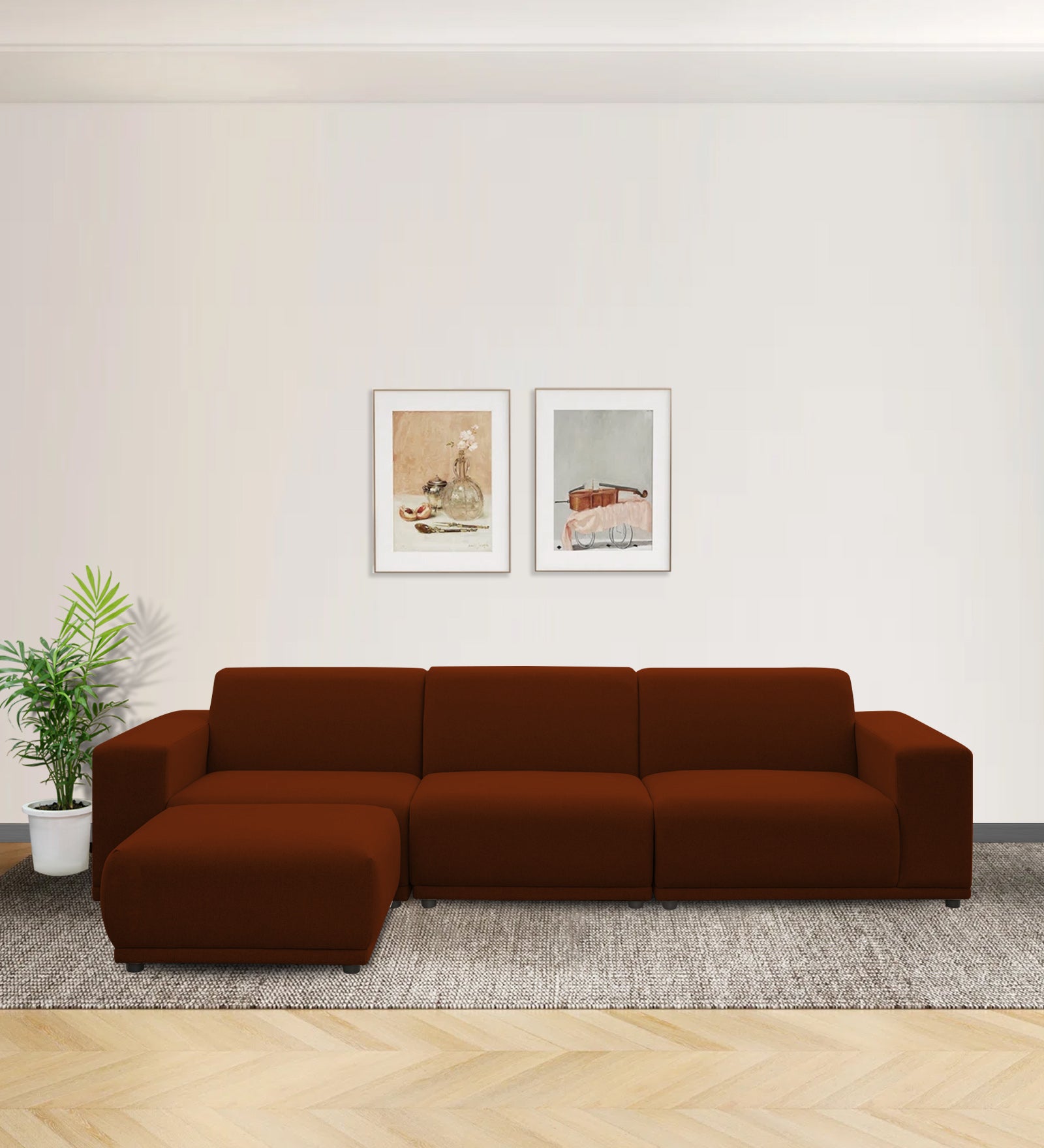 Adam Fabric LHS Sectional Sofa (3+Ottoman Lounger) In Burnt Orange Colour - Febonic Living