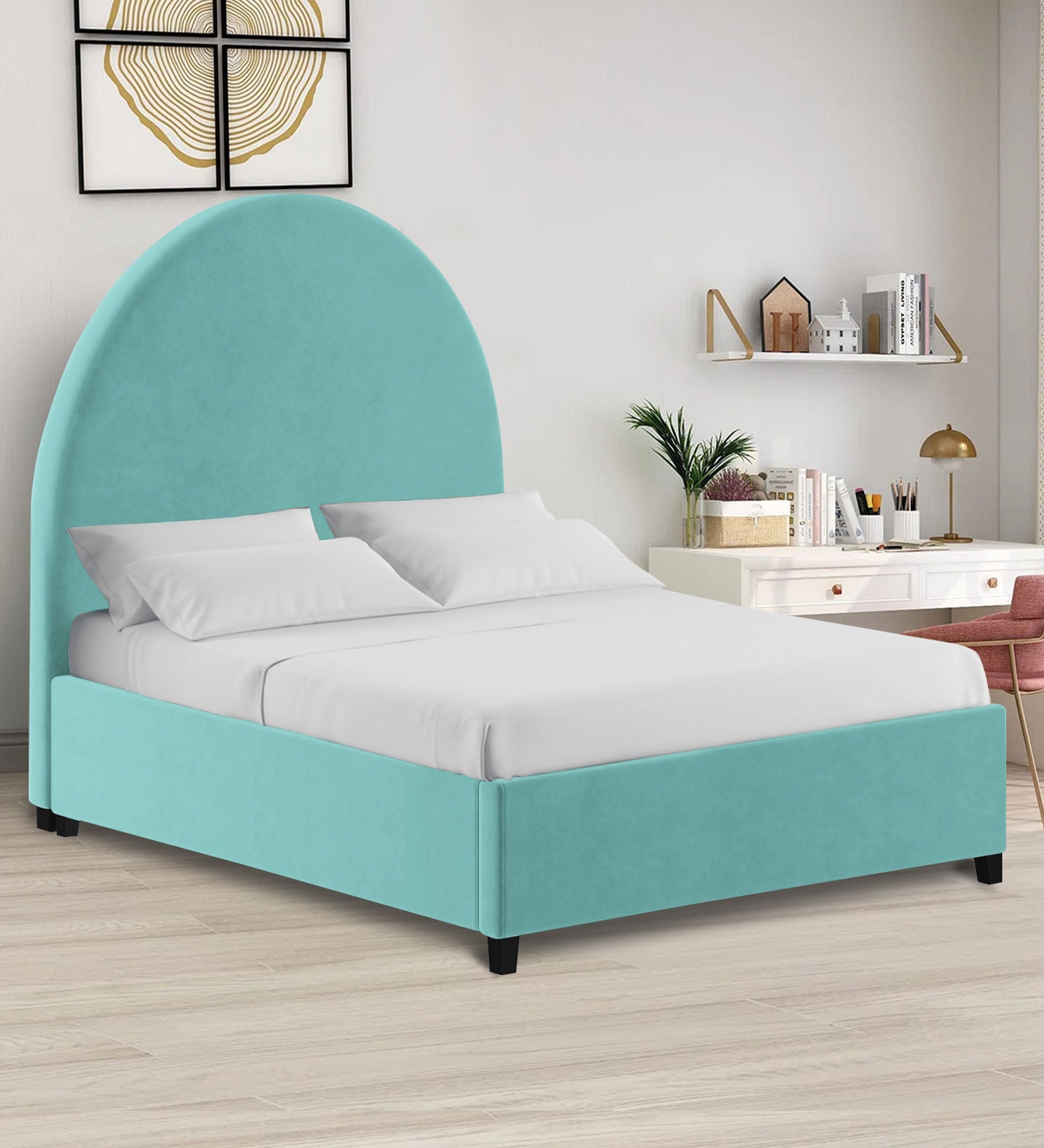 Maro Velvet Upholstered King Size Bed In Barmunda Aqua Colour - Febonic Living