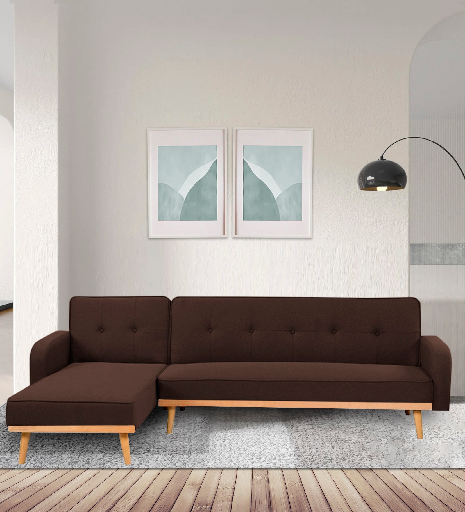 Zuno Fabric RHS Convertible Sofa Cum Bed In Coffee Brown Colour - Febonic Living