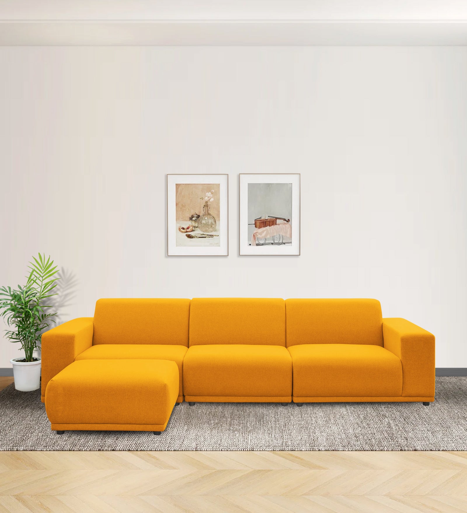 Adam Fabric LHS Sectional Sofa (3+Ottoman Lounger) In Bold Yellow Colour - Febonic Living