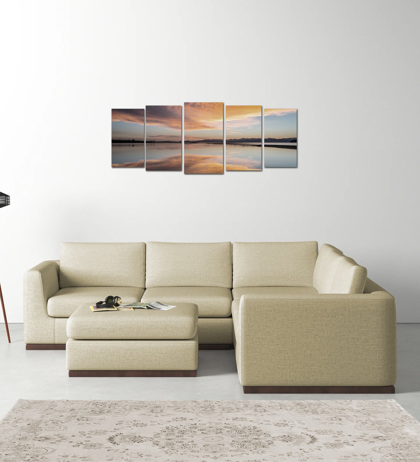 Freedom Velvet 6 Seater RHS Corner Sofa In Warm White Colour With Ottoman - Febonic Living