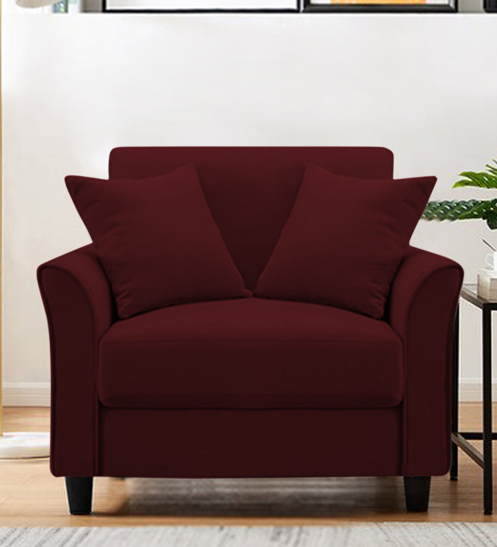 Daroo Velvet 1 Seater Sofa In Blood Maroon Colour