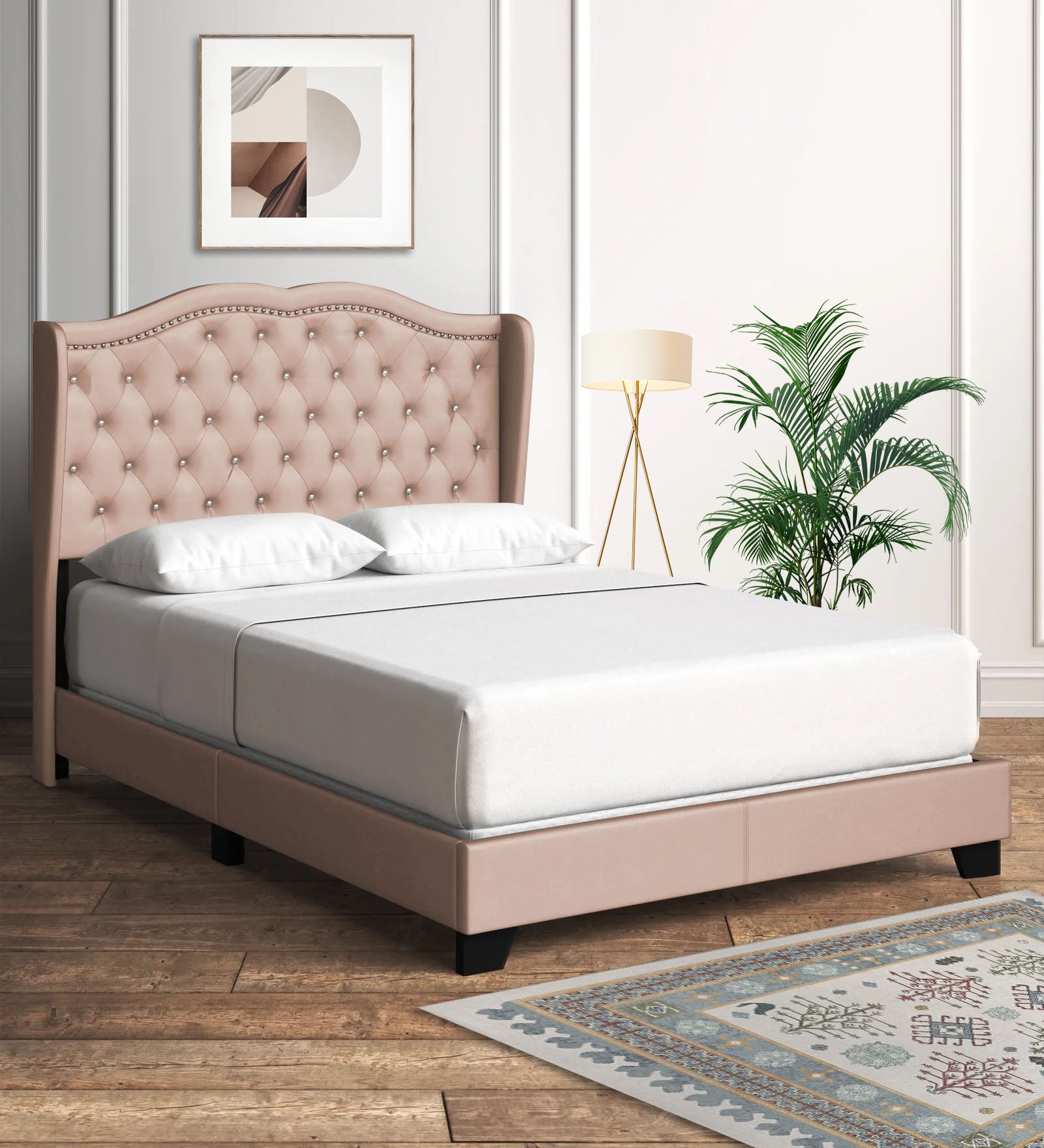 Blake Fabric Queen Size Bed in Olive Beige Colour - Febonic Living