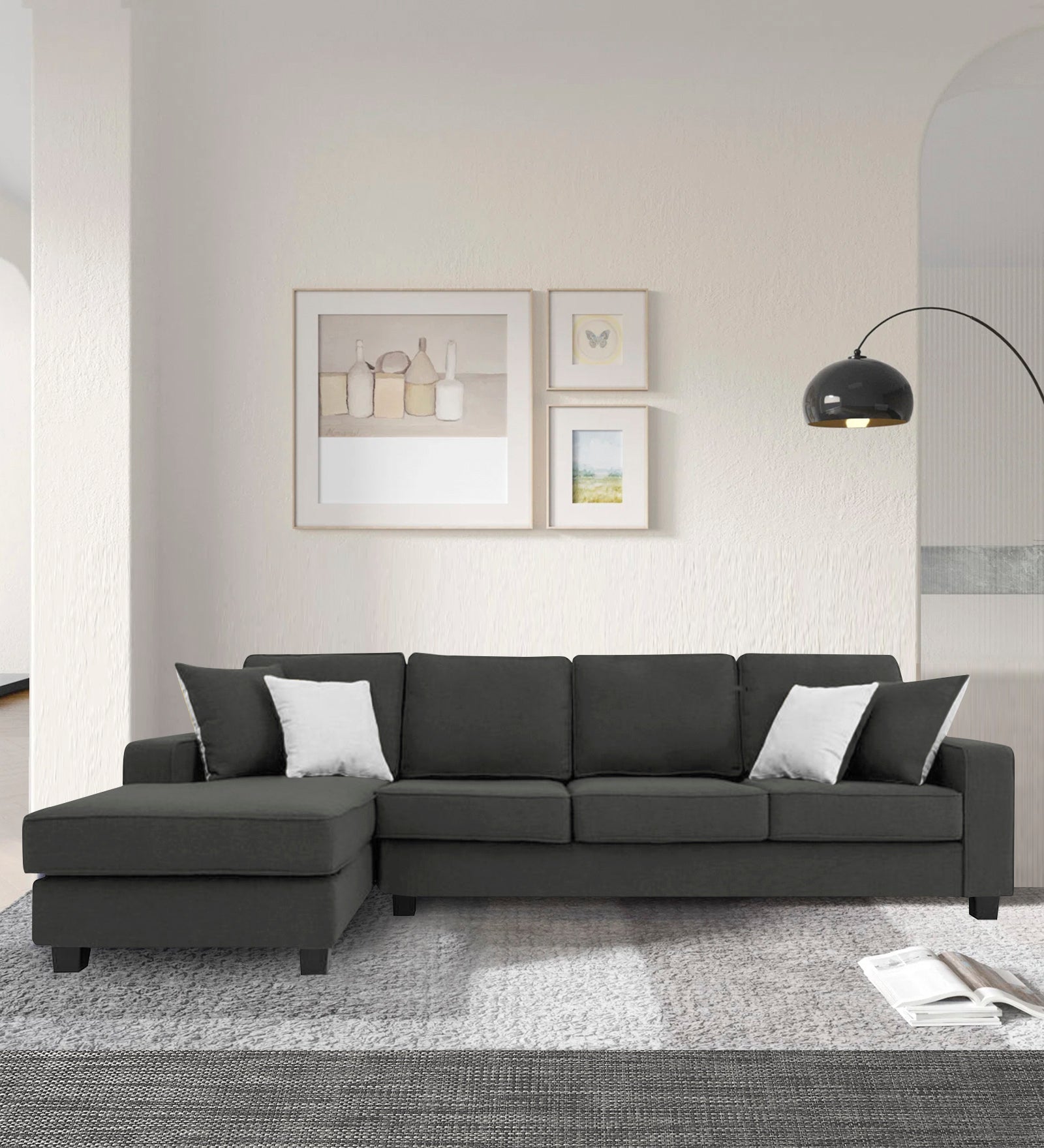 Ladybug Fabric RHS Sectional Sofa (3+Lounger) In Charcoal Grey Colour - Febonic Living