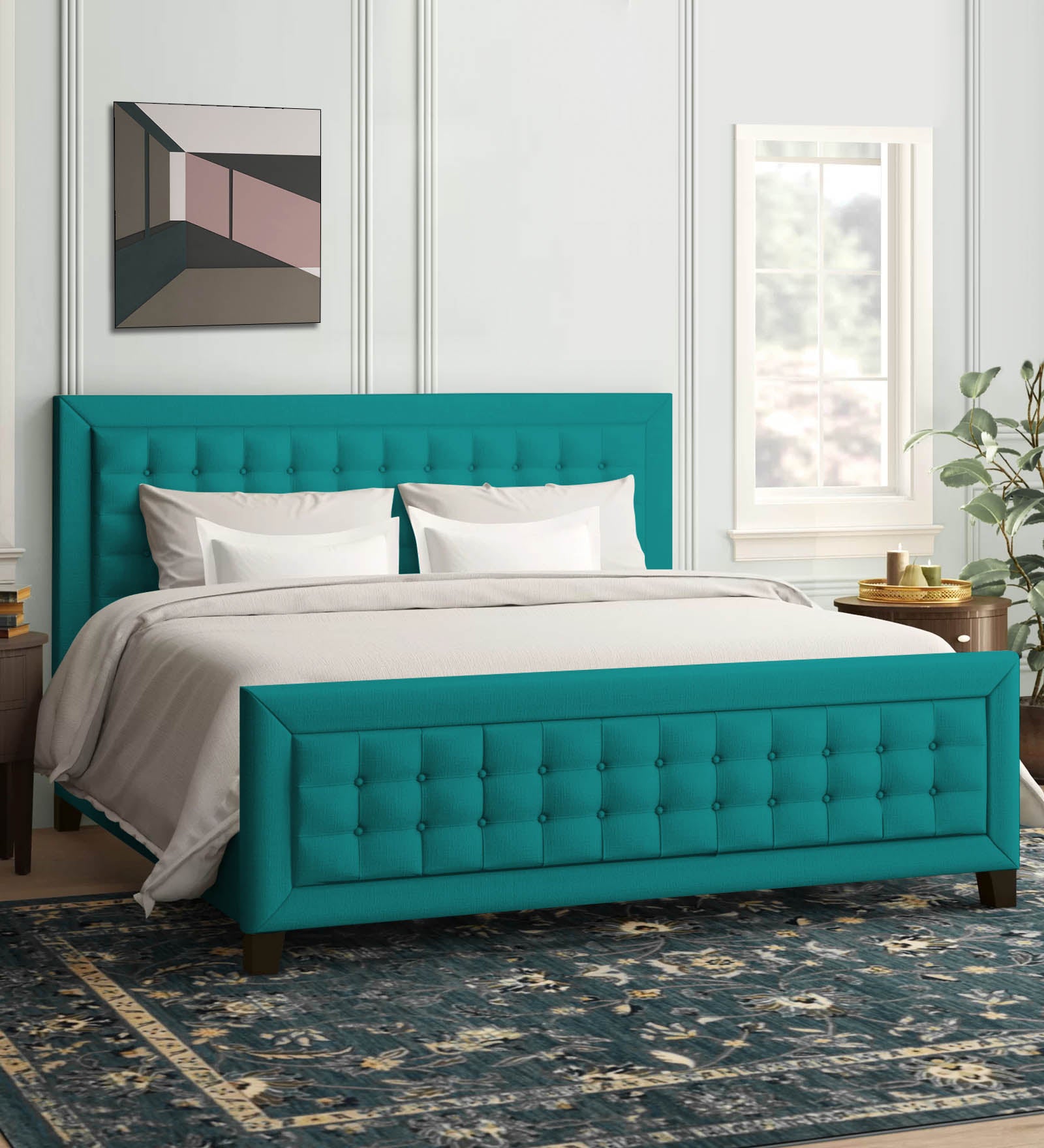 Kaster Fabric King Size Bed In Sea Green Colour - Febonic Living