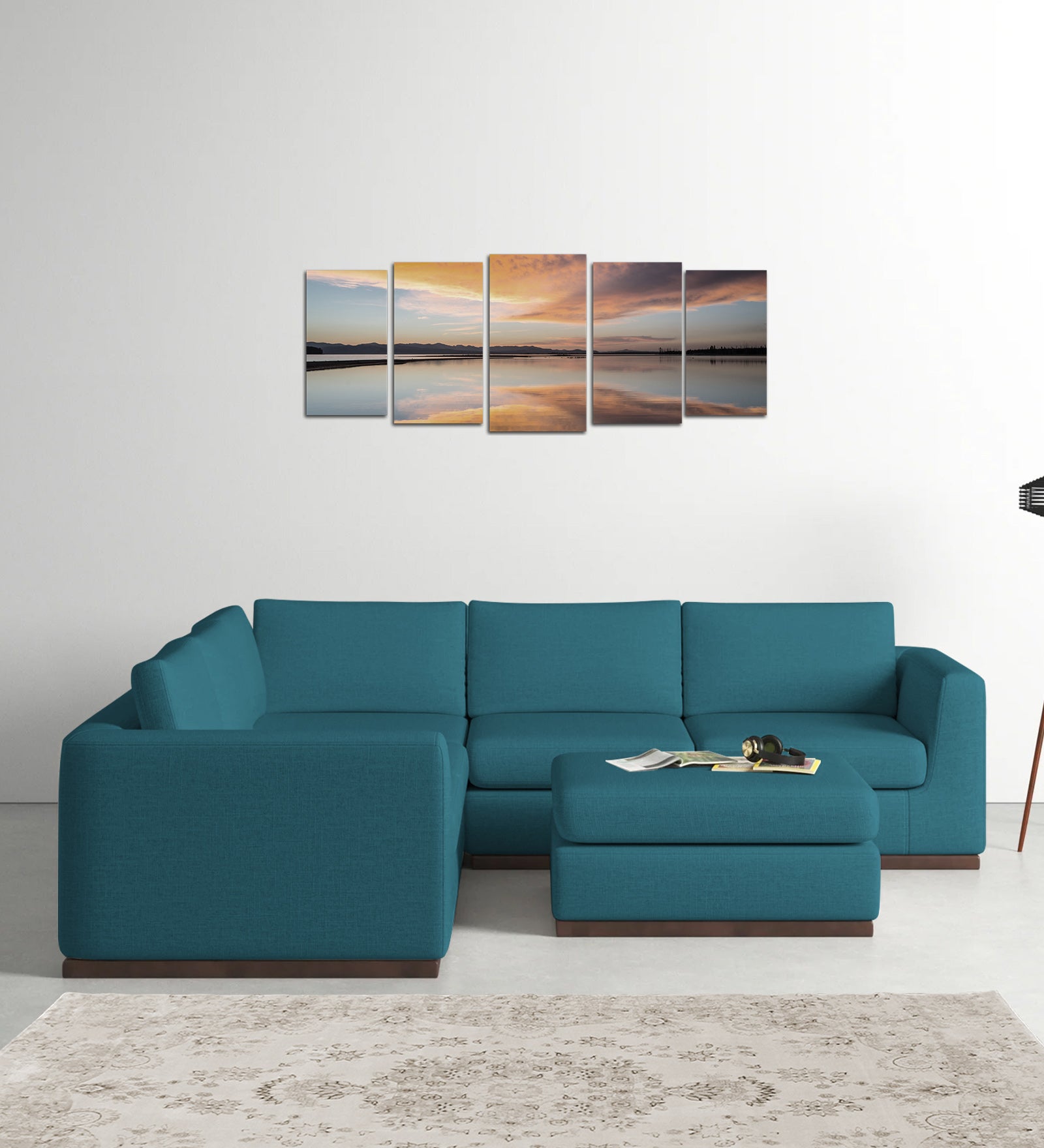 Freedom Velvet 6 Seater LHS Corner Sofa In Aqua Blue Colour With Ottoman - Febonic Living