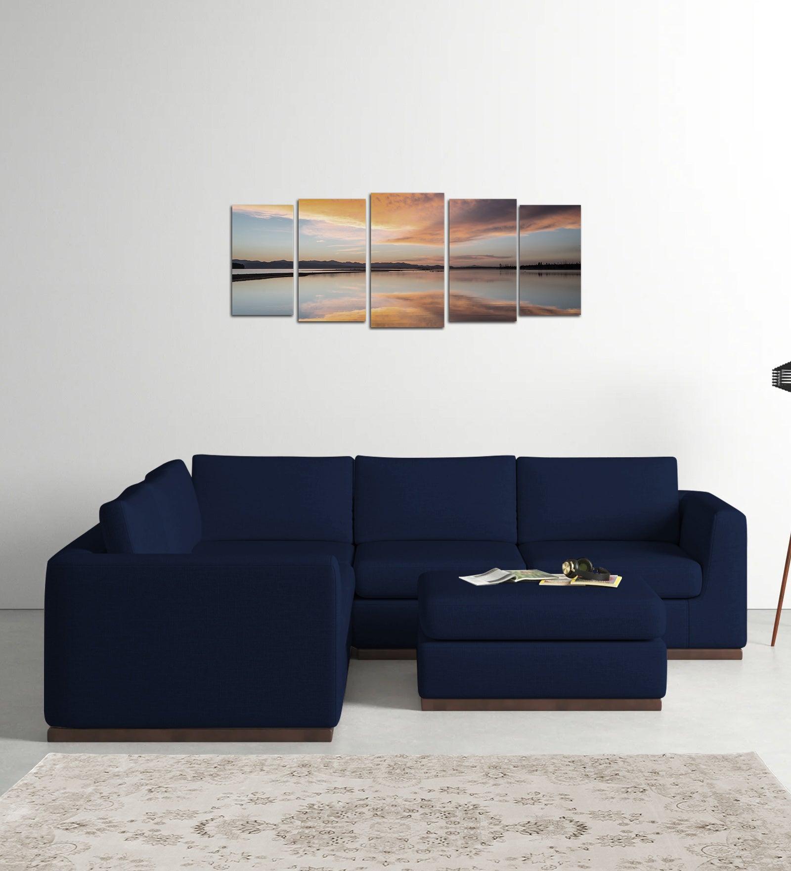 Freedom Velvet 6 Seater LHS Corner Sofa In Indigo Blue Colour With Ottoman - Febonic Living