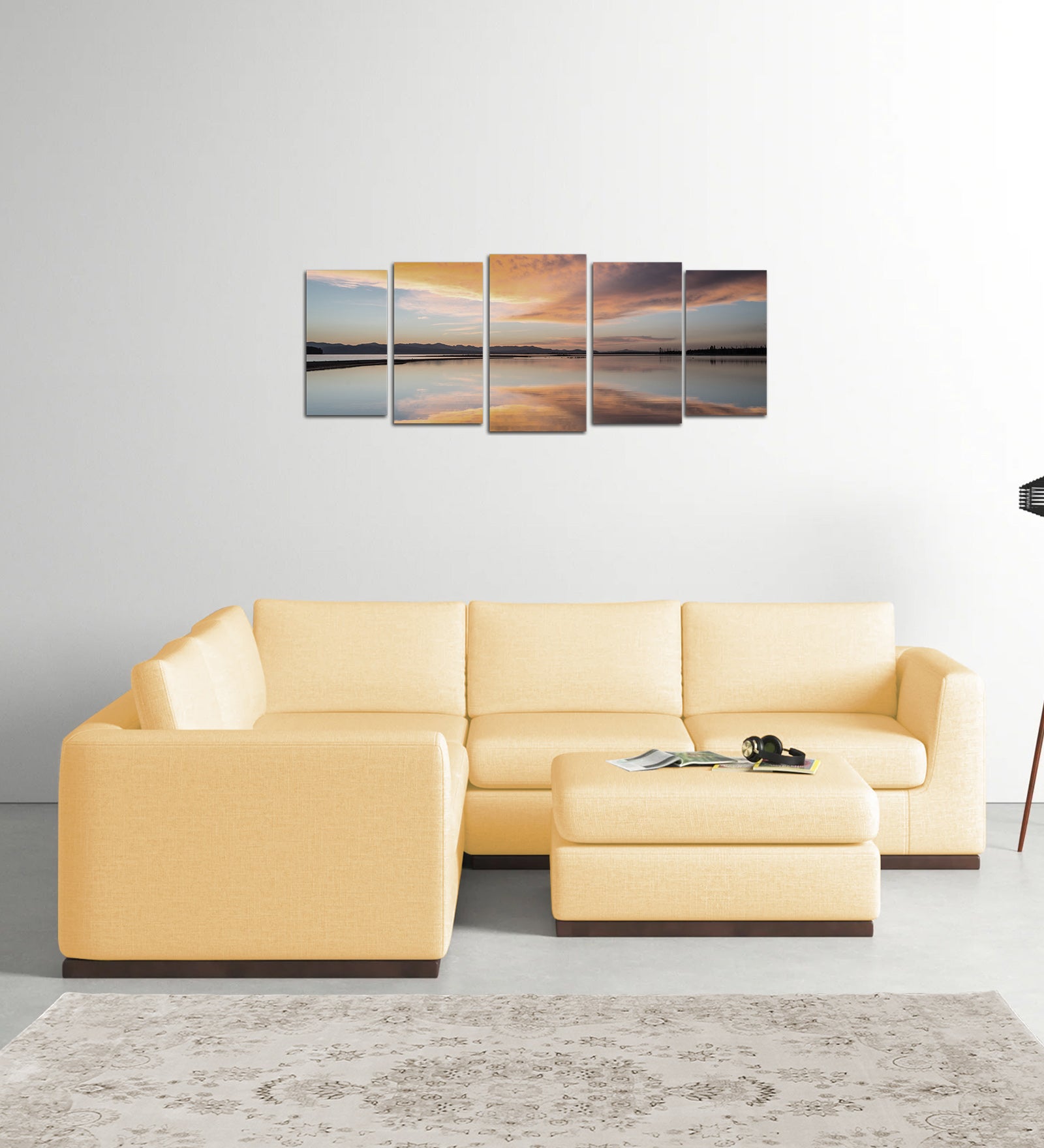 Freedom Velvet 6 Seater LHS Corner Sofa In Sandy Beige Colour With Ottoman - Febonic Living