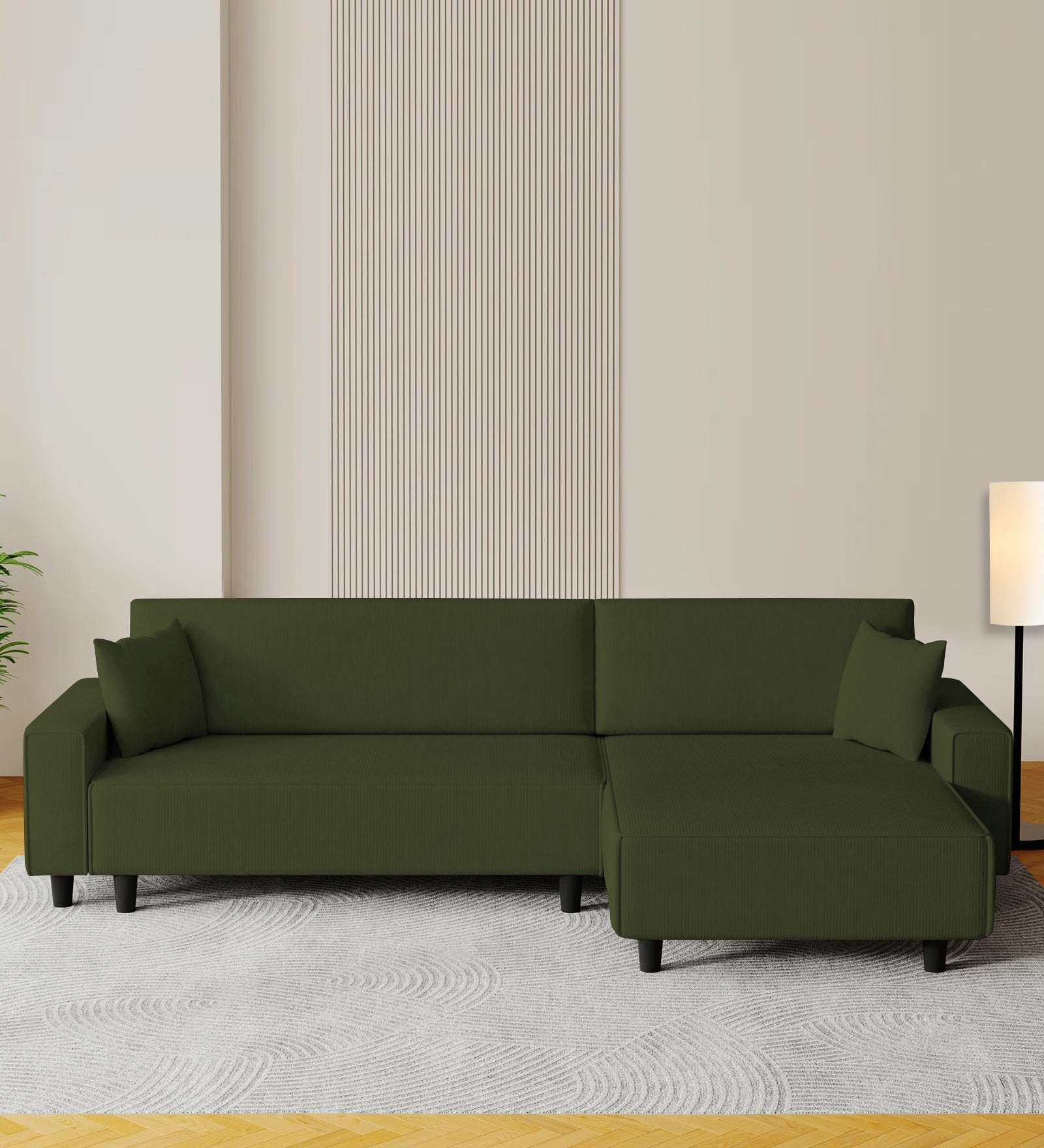 Peach Fabric LHS 6 Seater Sofa Cum Bed With Storage In Olive Green Colour - Febonic Living