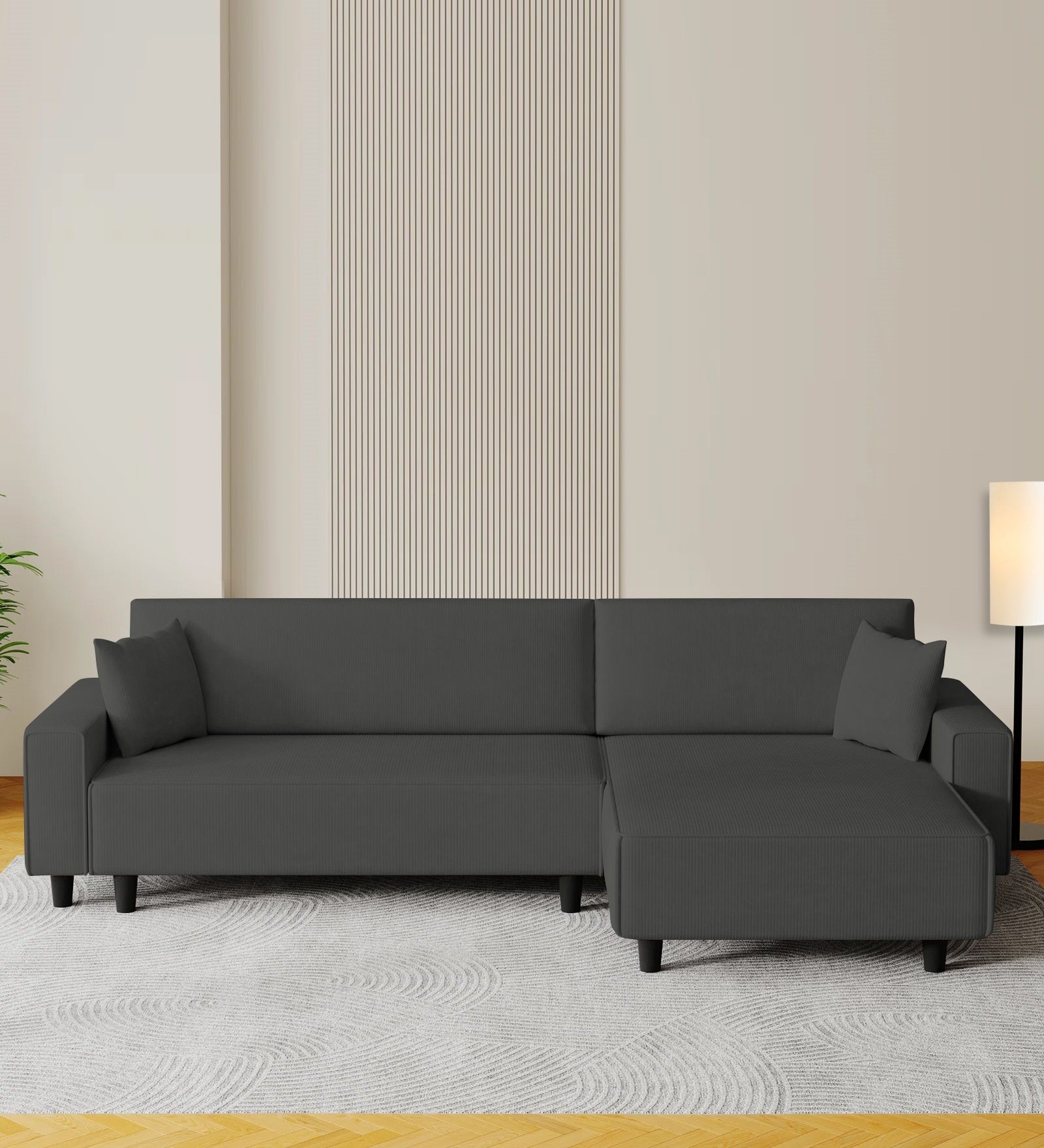 Peach Fabric LHS 6 Seater Sofa Cum Bed With Storage In Charcoal Grey Colour - Febonic Living