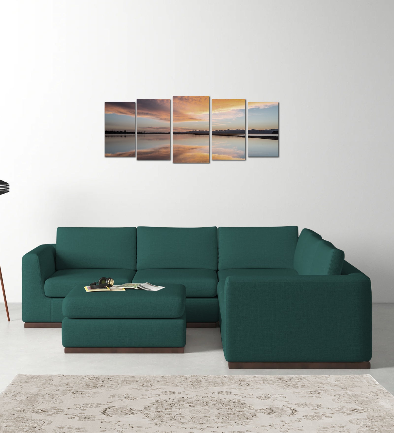 Freedom Velvet 6 Seater RHS Corner Sofa In Pine Green Colour With Ottoman - Febonic Living